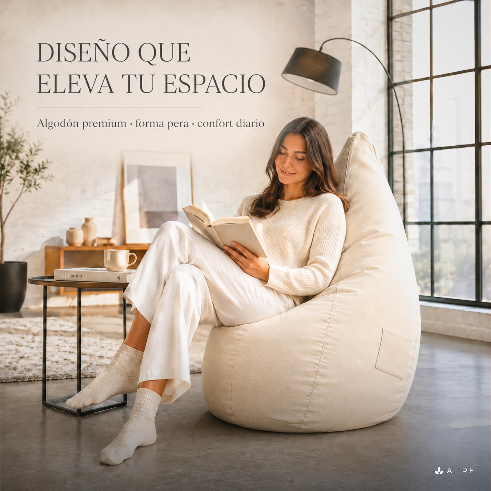 Aiire Puff Pera con Relleno Incluido - Puff Gamer Moderno de Diseño - Niño o Adulto para Salon o Habitación Juvenil - Sillón Puf Infantil XXL Adolescente - Puffs en Algodón Premium Beige