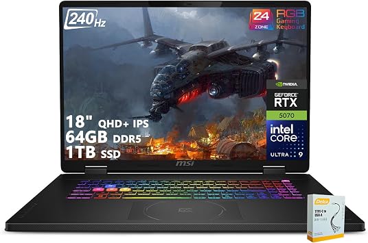 msi Crosshair 18 HX AI Gaming Laptop | 18" QHD+ IPS 240Hz | Intel Core Ultra 9 275HX | 64GB DDR5 1TB SSD | GeForce RTX 5070 Up to 798 AI Tops | RGB Backlit Thunderbolt 4 Win11 w/DLCA Accessory