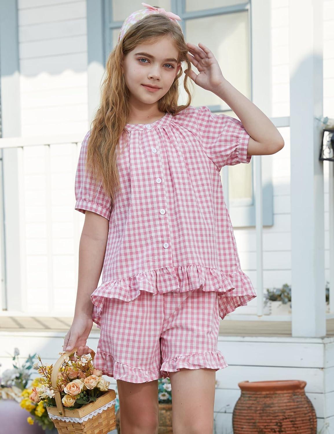 Flygo Girls Plaid 2 Piece Outfits Cotton Gingham Sets Cute Button down Ruffle Babydoll Top Shorts Sweatsuit Set 5-14 Years