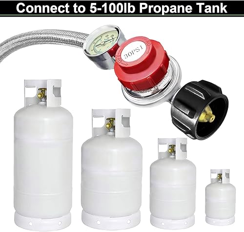 Miniatura 6 de Regulador de propano ajustable de 0-30 PSI, manguera trenzada de acero inoxidable con manómetro, 2 mangueras de divisor en Y QCC1 a 38 pulgadas,