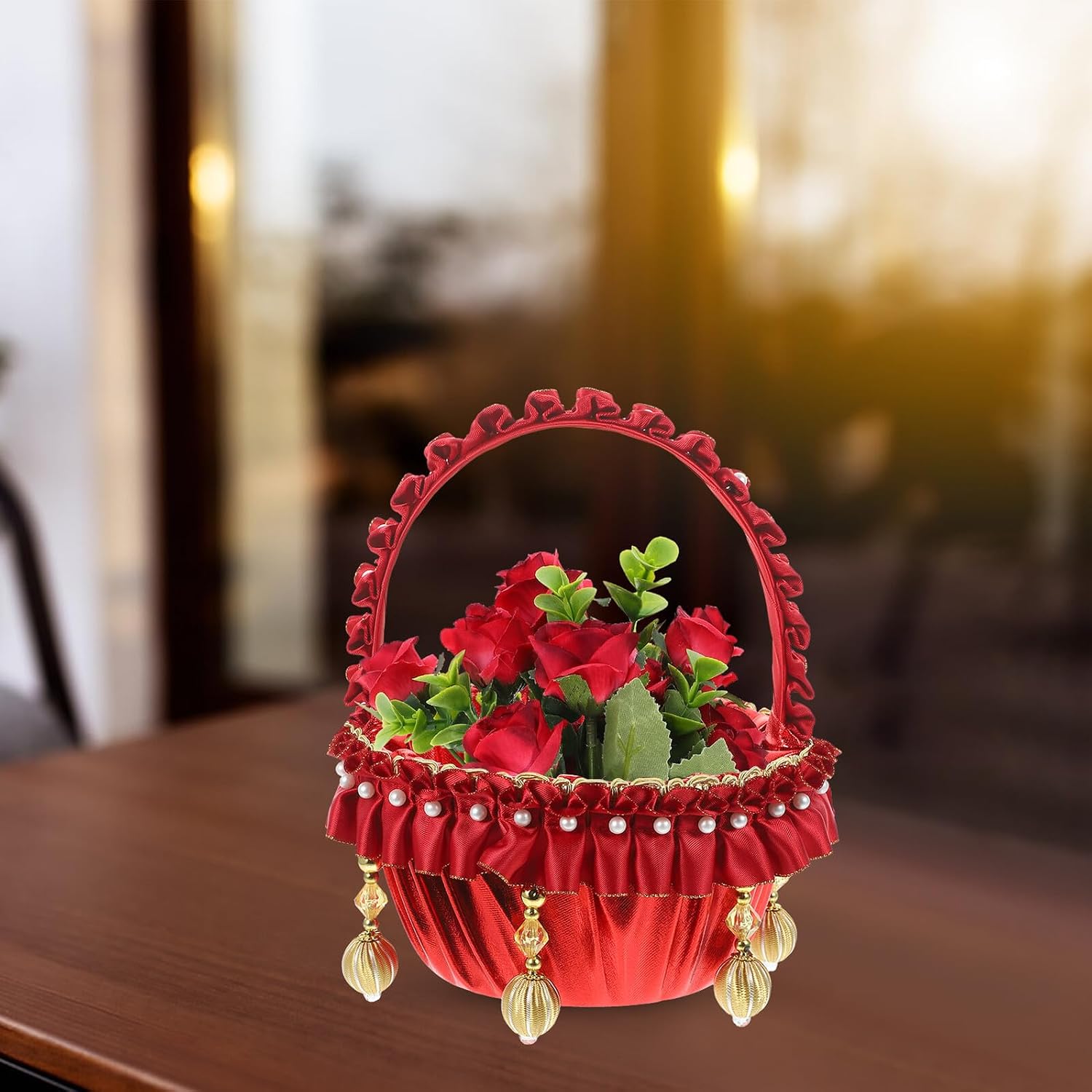 Wedding Flower Girl Basket Pearl Design with Gold Accents Handheld Flower Petal Basket for Wedding Party Supplies and Ceremony Accessories