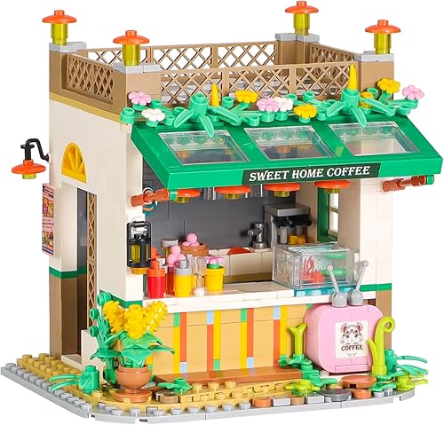 PinkBee Friends Flowers House - Juego de bloques de construcción para niñas mini cafetería postres invernadero apartamento con luces cafetería casa