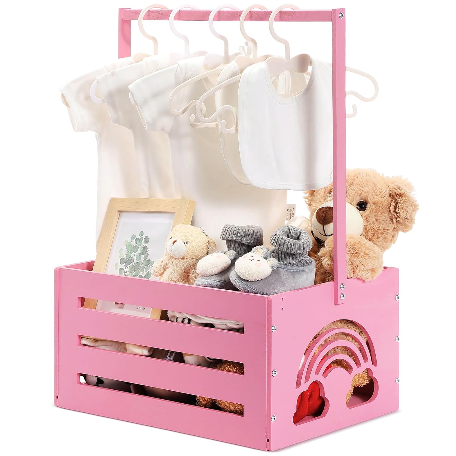 Yerliker Wooden Baby Shower Crate Closet Baby Shower Gifts Basket Storage Crate Hamper with Handle Personalized Basket for Newborn Boys Girls Pregnancy Gifts(Pink,Cloudy, Rainbow)