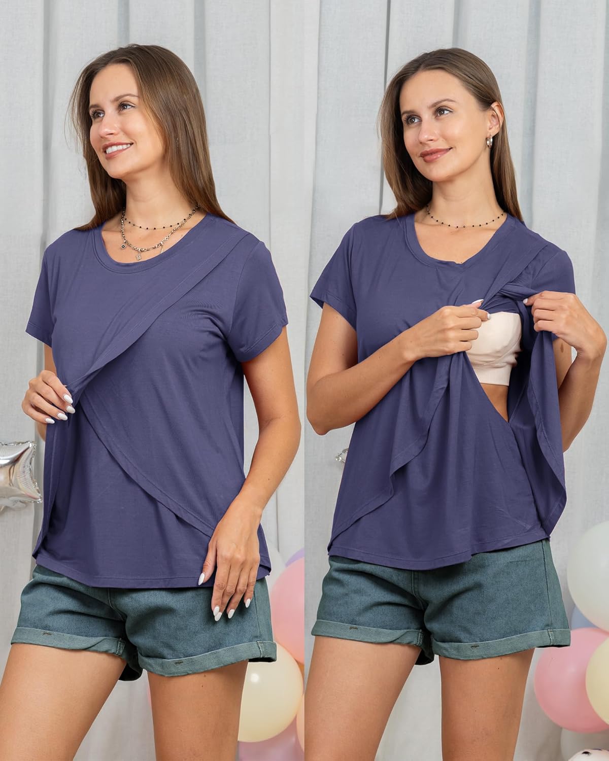 Rnxrbb 3 Pack Women's Nursing Tops for Breastfeeding Summer Short Sleeve T Shirts Postpartum Double Layer Clothes - Image 5