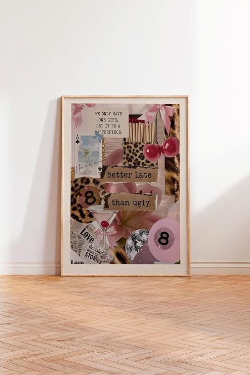 Zestia Ahşap Çerçeveli Duvar Tablosu Leopar Desenli Pembe Estetik İllüstrasyon Genç Odası Dekoru, 70 x 100