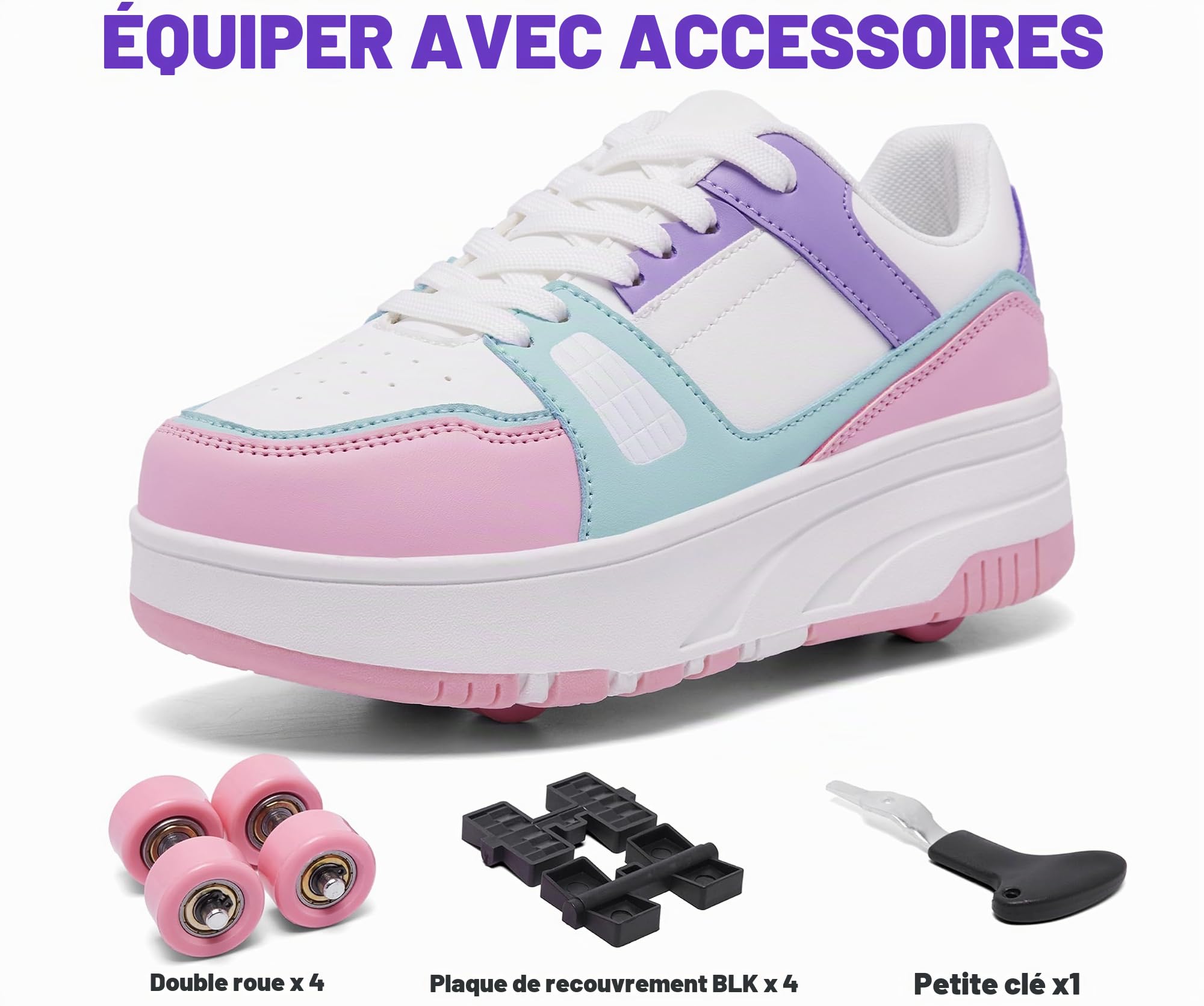 Chaussures à roulettes pour filles et garçons avec roues amovibles à l'avant et à l'arrière - Baskets tendance avec roues