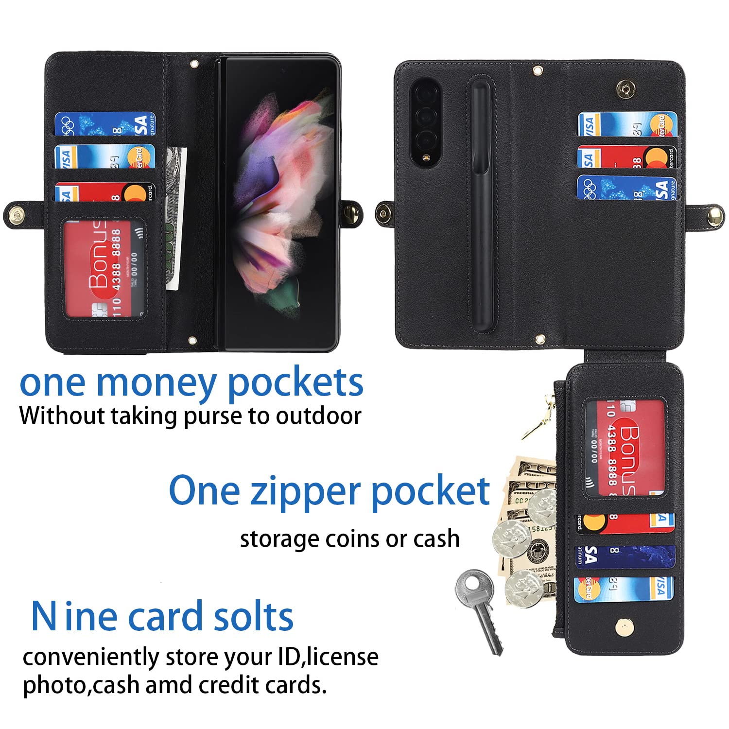 Amazon.com: Cavor for Samsung Galaxy Z Fold 3 Crossbody Wallet Case with S  Pen Holder,[9 Card Slots][1 Zipper Pocket] [Stand Feature] Detachable 2 in  1 Magnetic Zipper Leather Shockproof Flip Cover Case,Black :