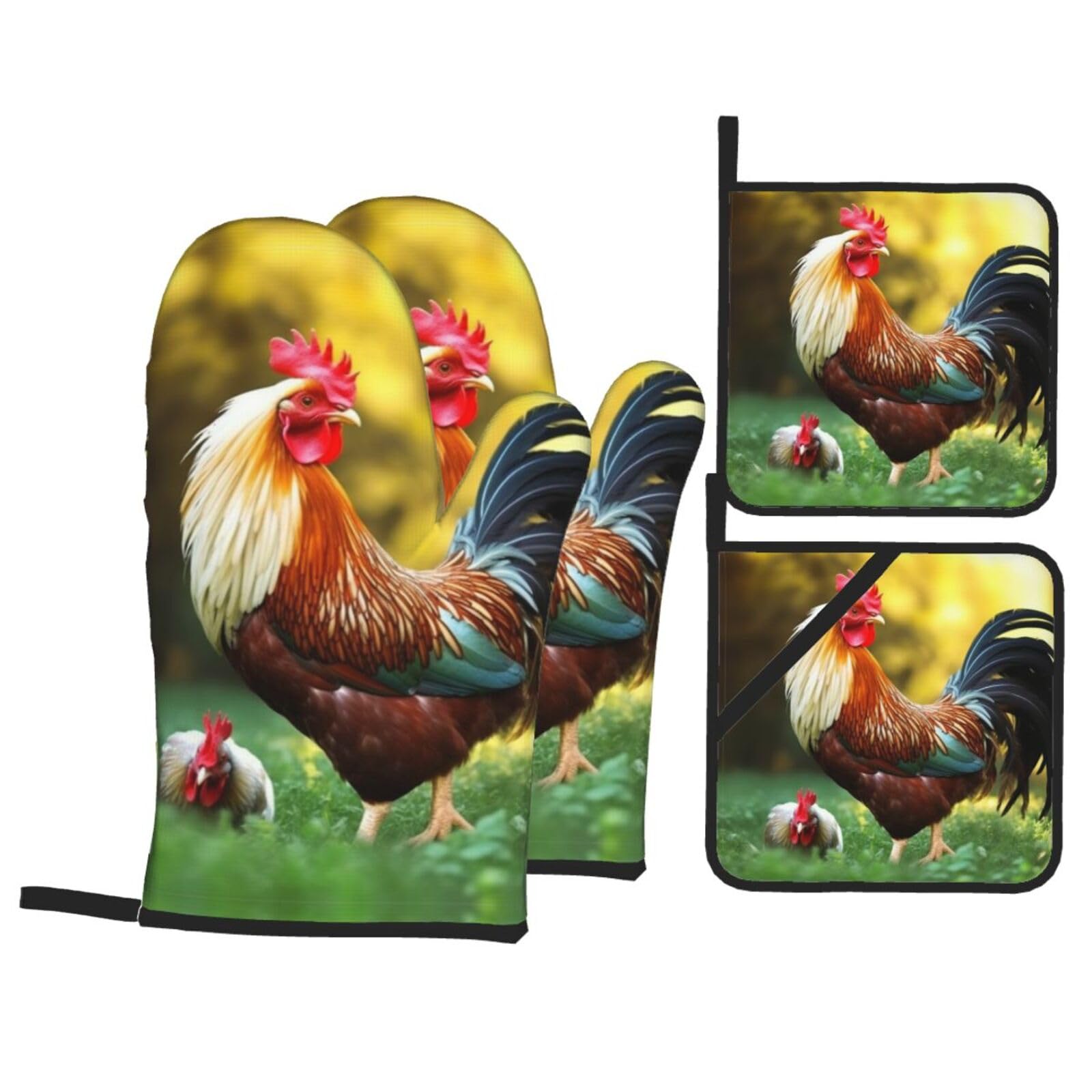4 Piece Oven Mitts and Pot Holders Set Heat Resistant Oven Gloves and Potholders BBQ Gloves Hot Pads Beautiful Rooster Hen Cooking Gloves for Kitchen Baking Grilling