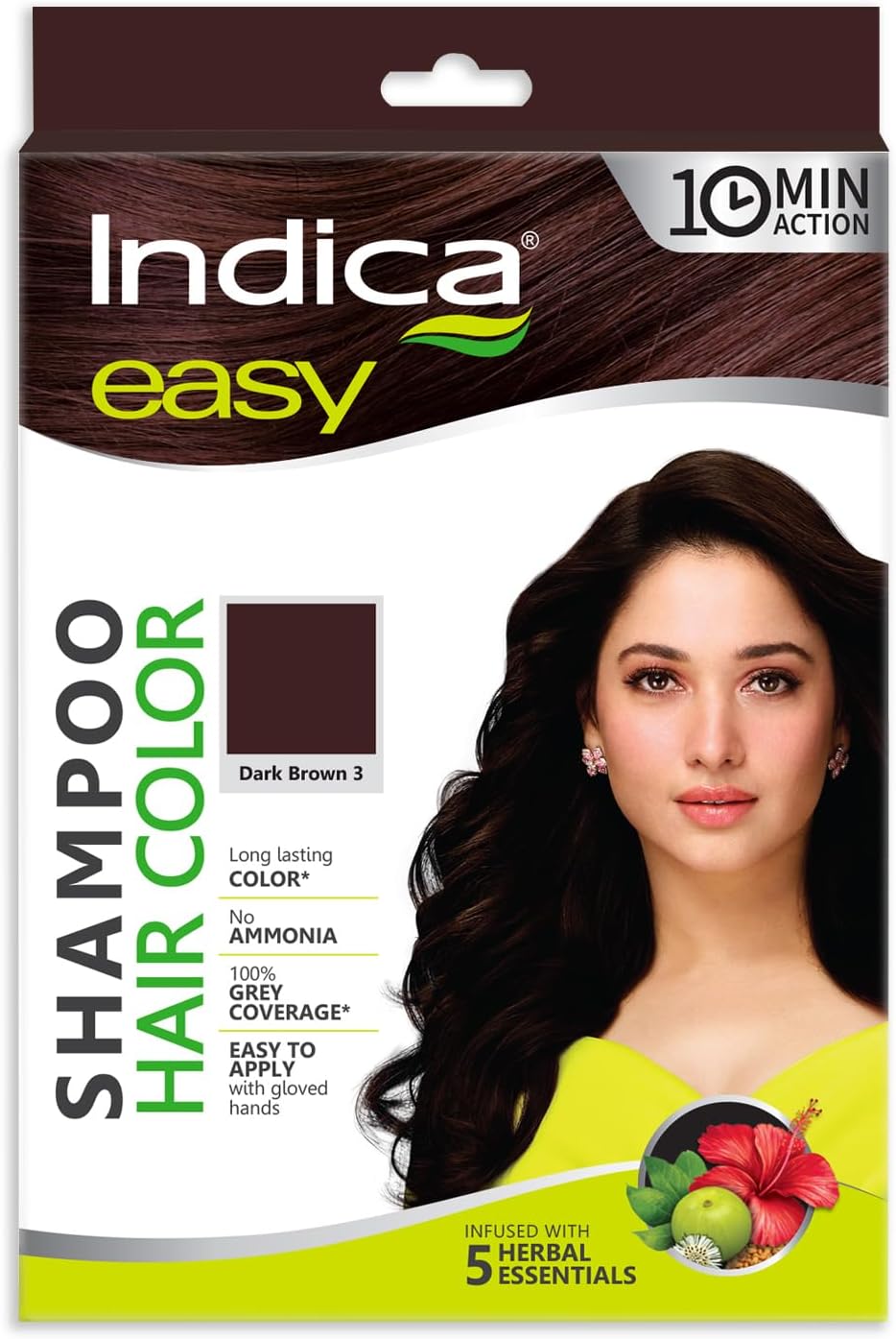 Indica Easy Do-It-Yourself 10 Minutes Hair Color Shampoo with 5 Herbal Extracts and 100% Ammonia Free, Long Lasting Formula (12.5g + 12.5ml) - Dark Brown Colour (Gloves Included)