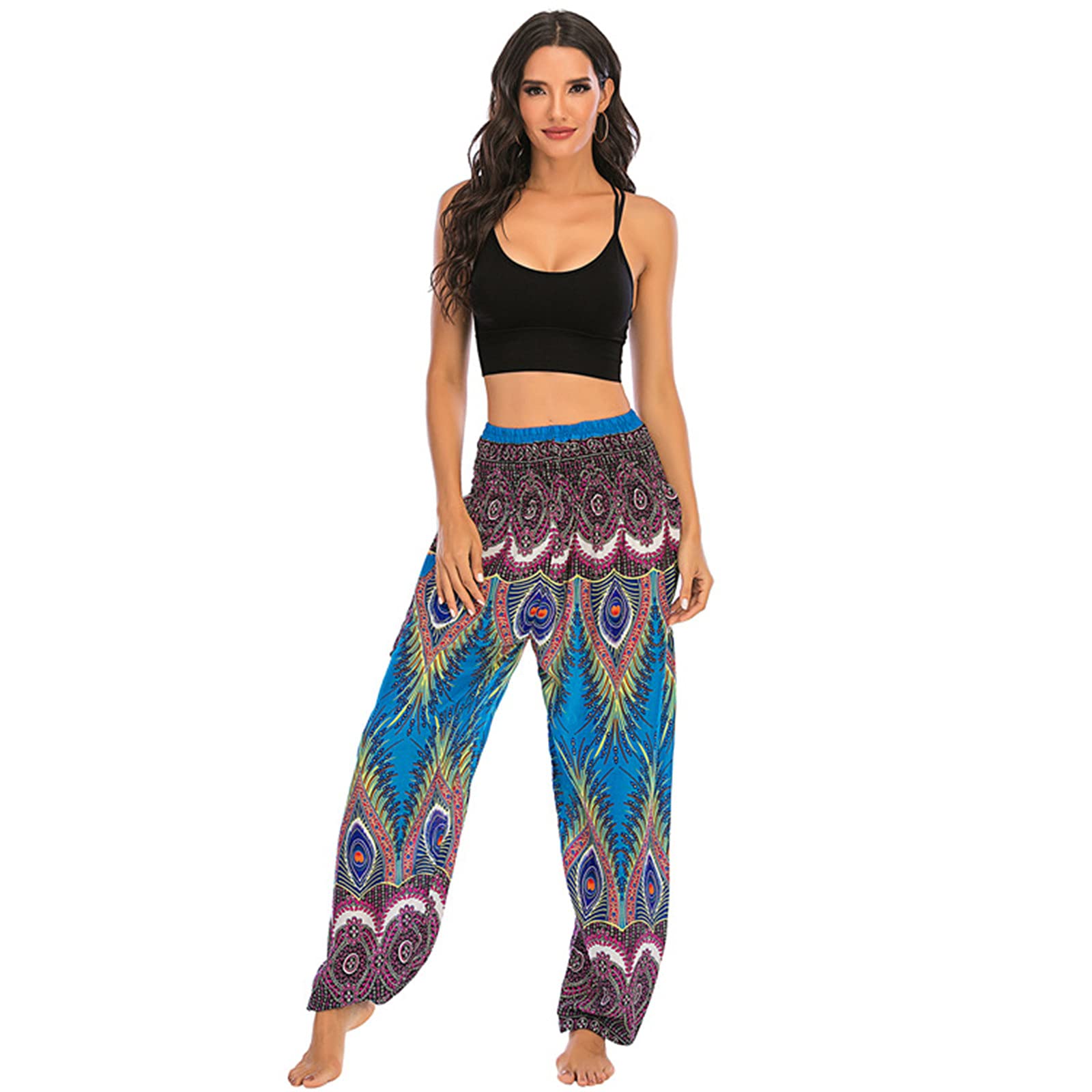 keephen Women's Baggy Thai Fisherman Yoga Pants Peacock Feather Pattern High Waist Trousers Holiday Harem Hippie Trousers