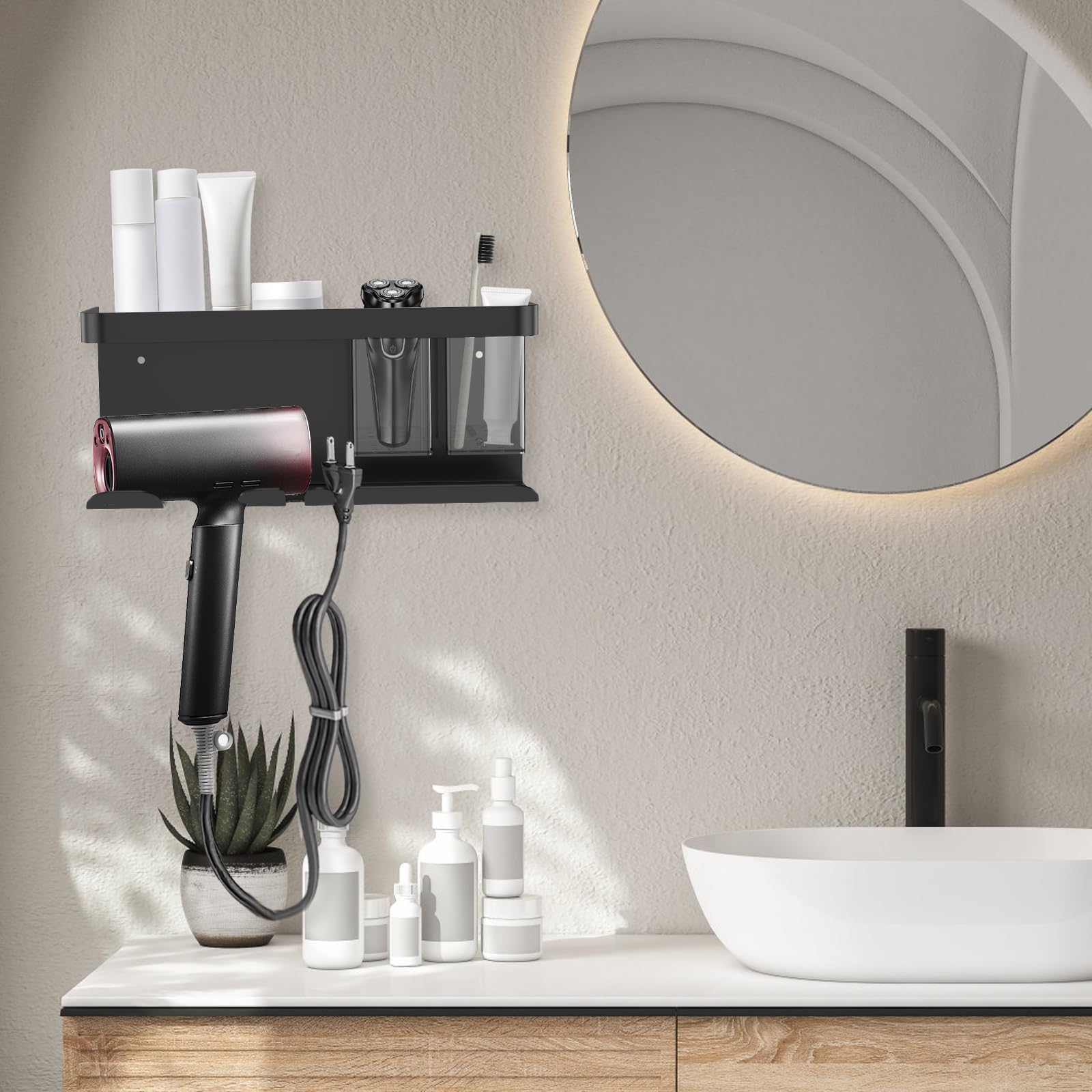 HJJWNDDNG Hair Tool Organizer, Universal Hair Dryer Holder, Aluminum Blow Dryer Holder Wall Mounted With Detachable Storage Box for Bathroom(black)