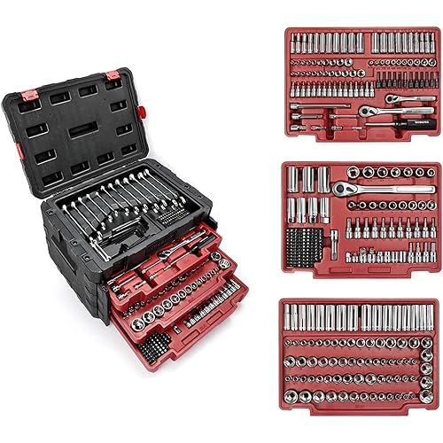 WORKPRO 450-Piece Drive Socket Set 1/2" 1/4" 3/8", CR-V Metric and Imperial with Quick-Release Ratchet Wrench, Spanners, Bits Set, Mechanics Tool for Car Repair