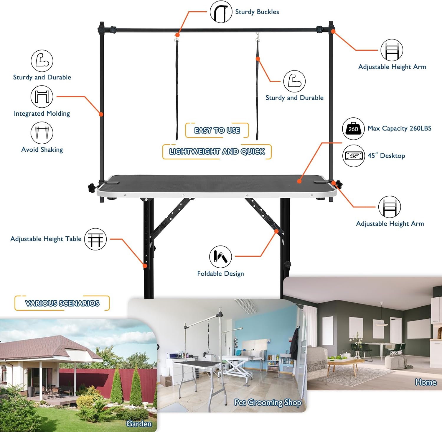 LEIBOU 45'' Height Adjustable(23''~33.8'') and Foldable Pet Dog Grooming Table Heavy Duty Iron Frame with H-Shape Grooming Arm & 3 Noose, Maximum Capacity Up to 260lbs, Black