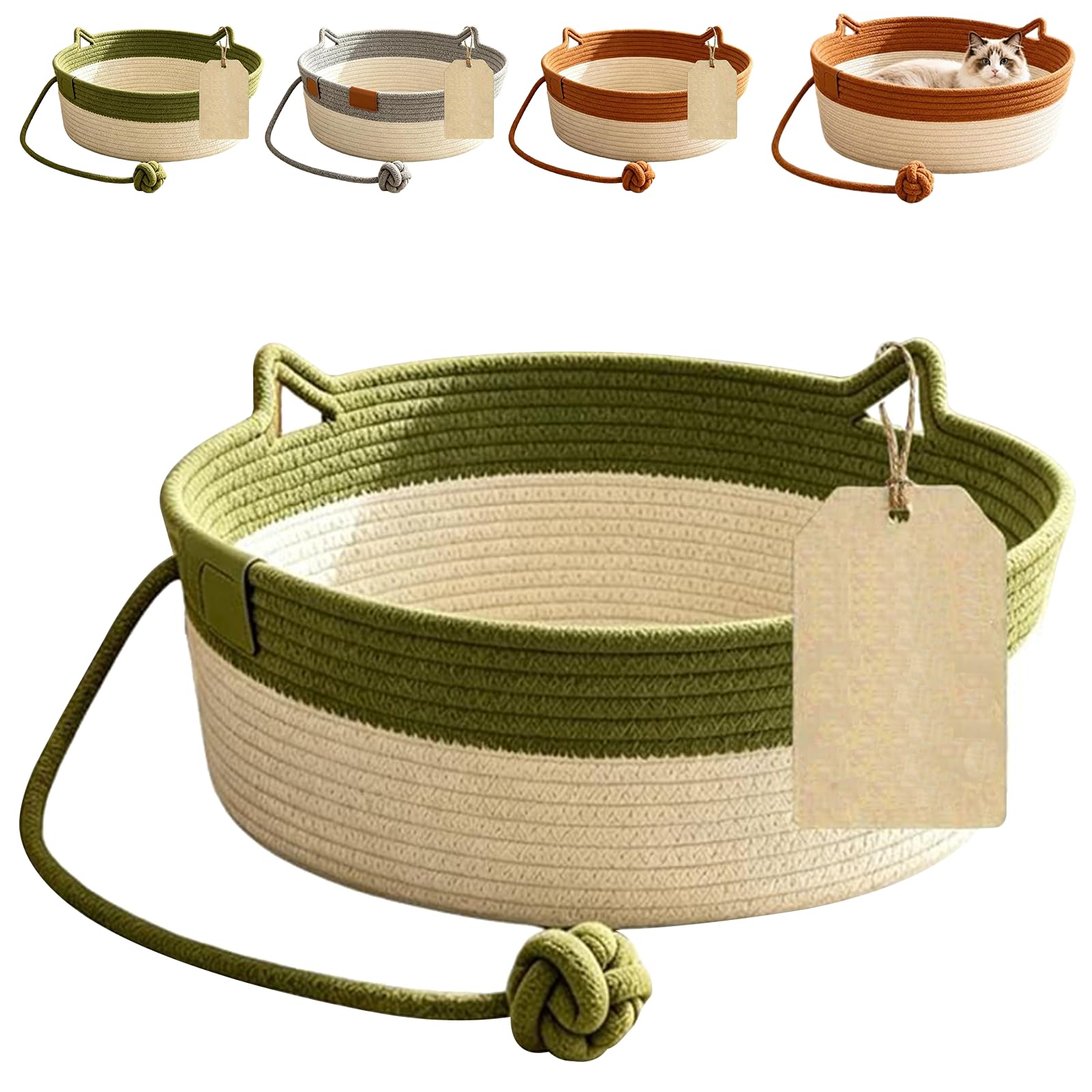 Instinct Basket Handwoven Cotton Rope Cat Bed with Hanging Ball Toy, Scratchable Breathable Cat Basket for Indoor Cats, Boho Pet Nest for Sleeping Playing & Relaxing (Green, L)