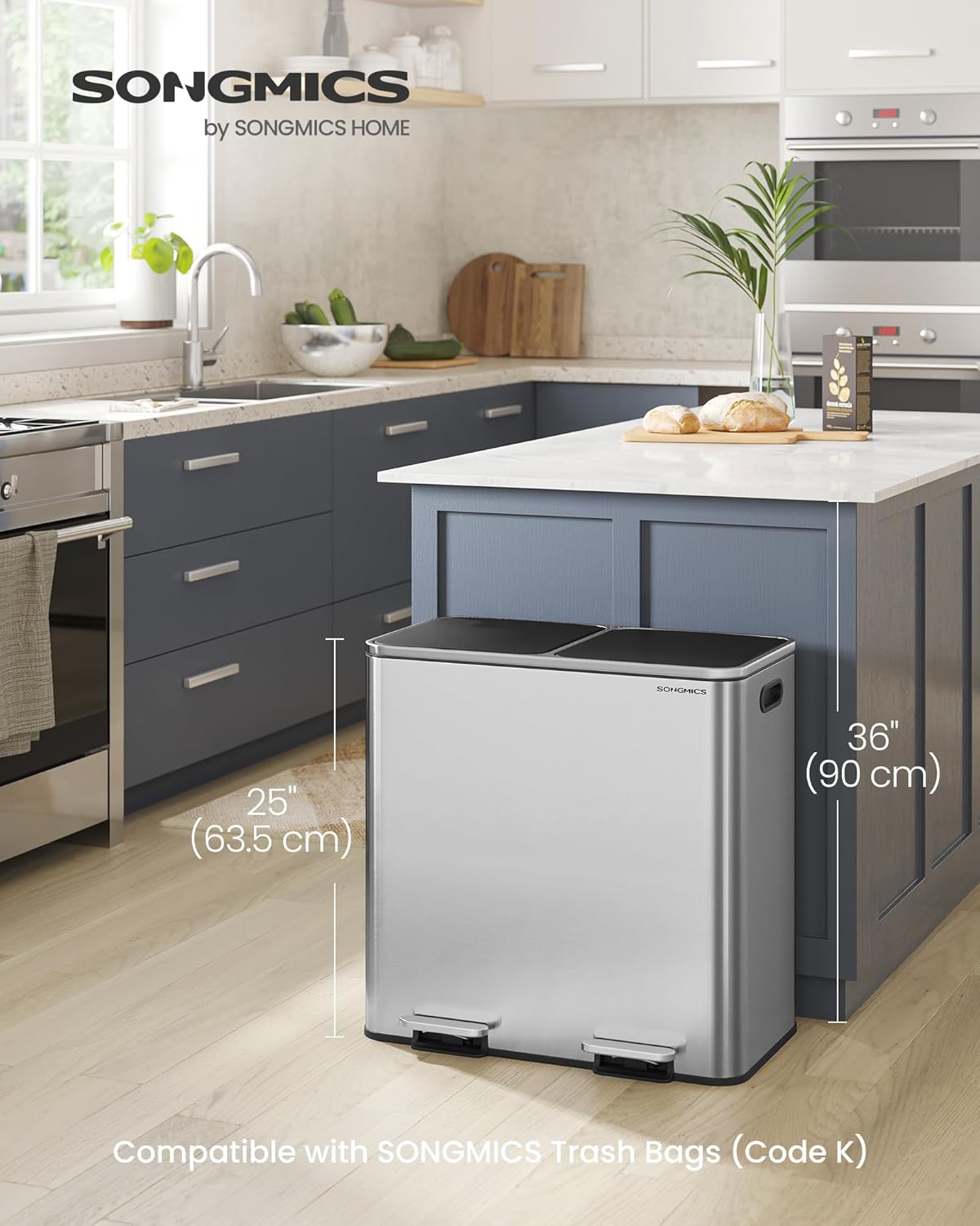 SONGMICS Trash Can, 2 x 10.6 Gallon (2 x 40 L) Garbage Can for Kitchen, with 15 Trash Bags, 2 Compartments, Plastic Inner Buckets and Hinged Lids, Airtight, Silver and Black ULTB730E80 - Image 2