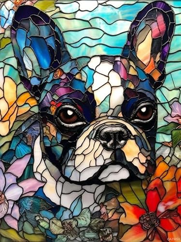 QAZWSX Kits de pintura de diamantes 5D por número para adultos, vitrales, bulldog francés, pintura de diamantes, pintura de diamantes, taladro
