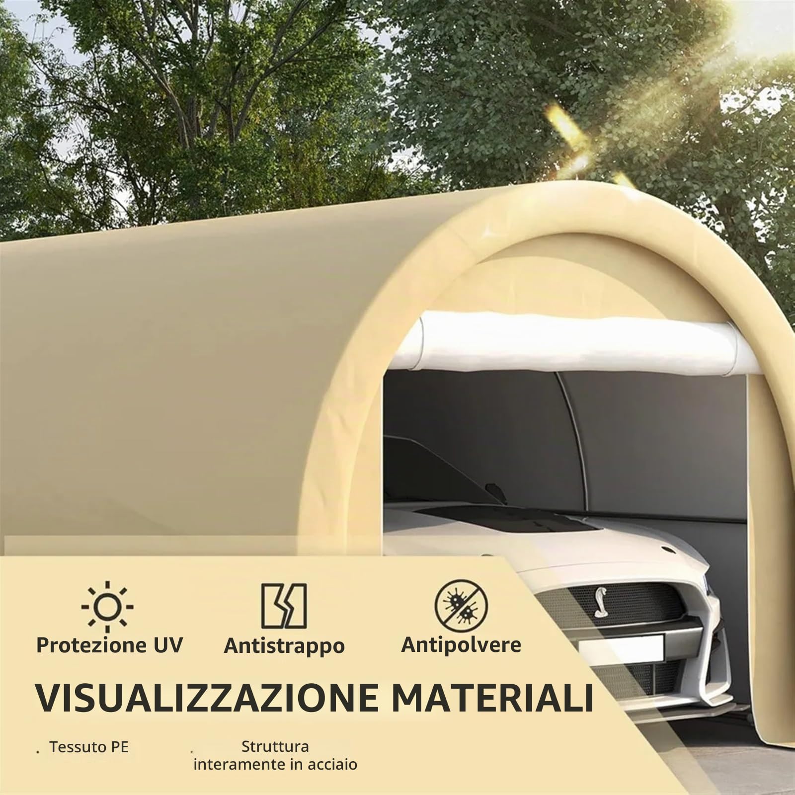 Tettoia Auto per Esterno Carport da 10' x 16', Tenda da Garage Portatile Resistente con Grande Porta con Cerniera, Copertura Anti-UV in PE for Auto Garage Pieghevole per Moto Tenda