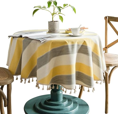 Fhberni Mantel redondo rústico de lino de algodón a rayas con borlas, mantel resistente para mesa de cocina, comedor, decoración de Navidad
