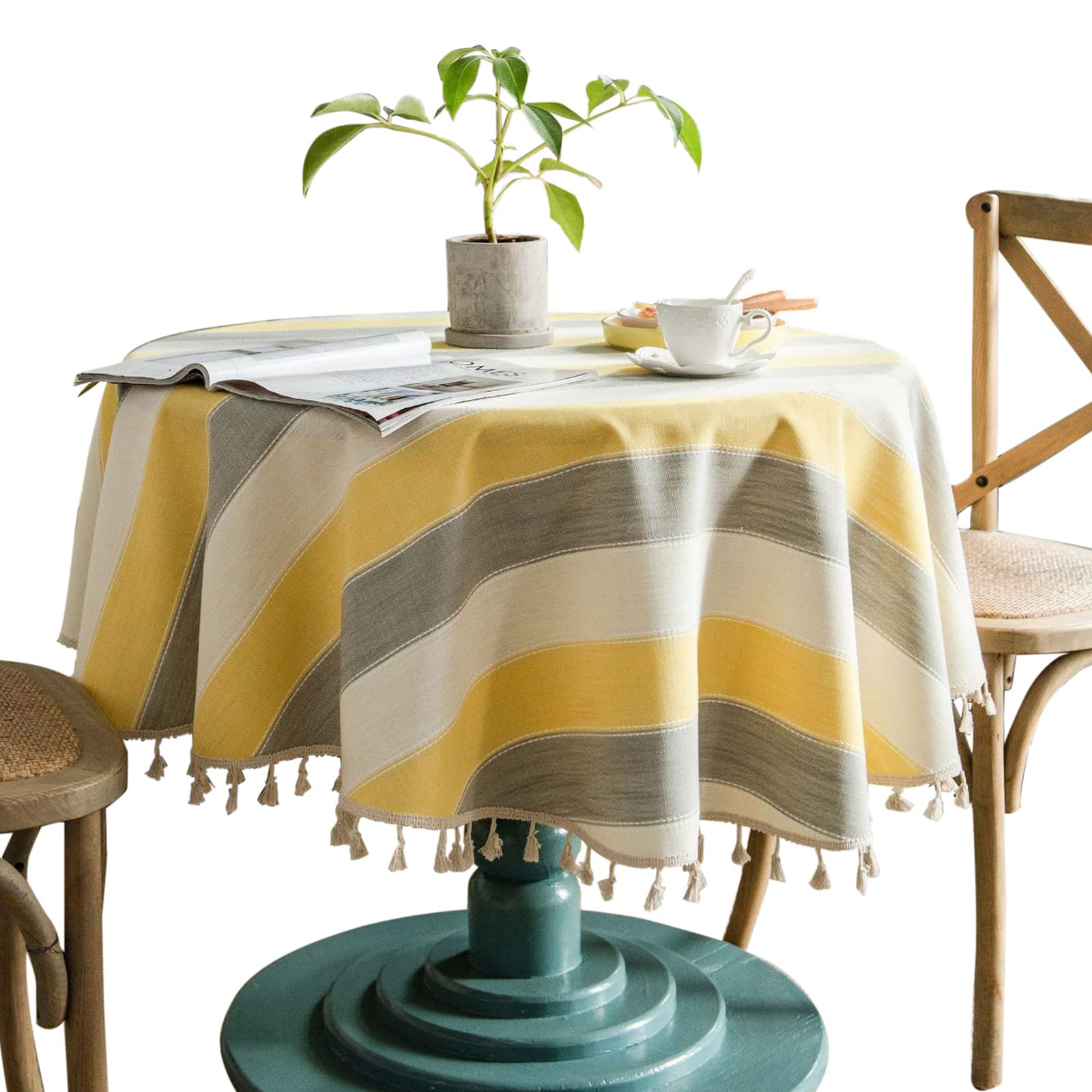 Fhberni Round Rustic Tablecloth Farmhouse Striped Cotton Linen Tablecloth with Tassel Heavy Duty Table Cover for Kitchen Dinning Tabletop Christmas