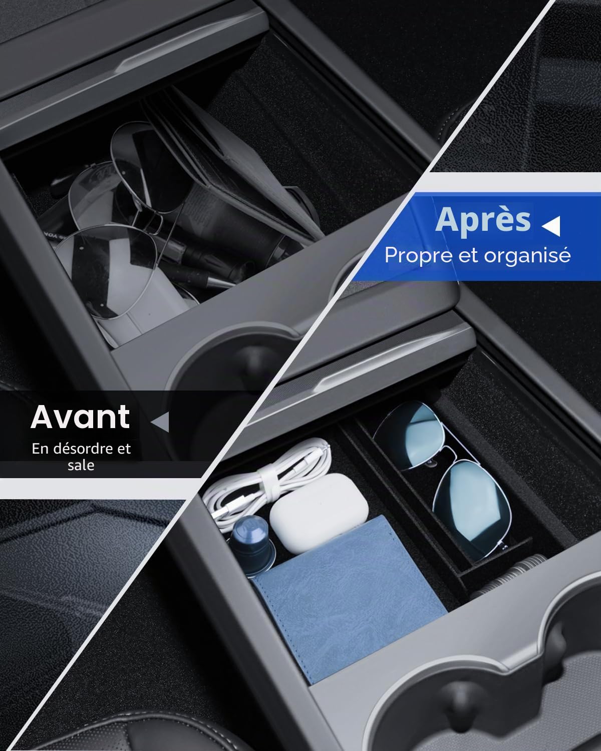 Organisateur de Console Centrale pour Tesla Model Y 2025-2026 et Model 3 2024-2026 Boîte de Rangement avec Matériau Flocké Haut de Gamme Tesla Juniper Highland Accessoires