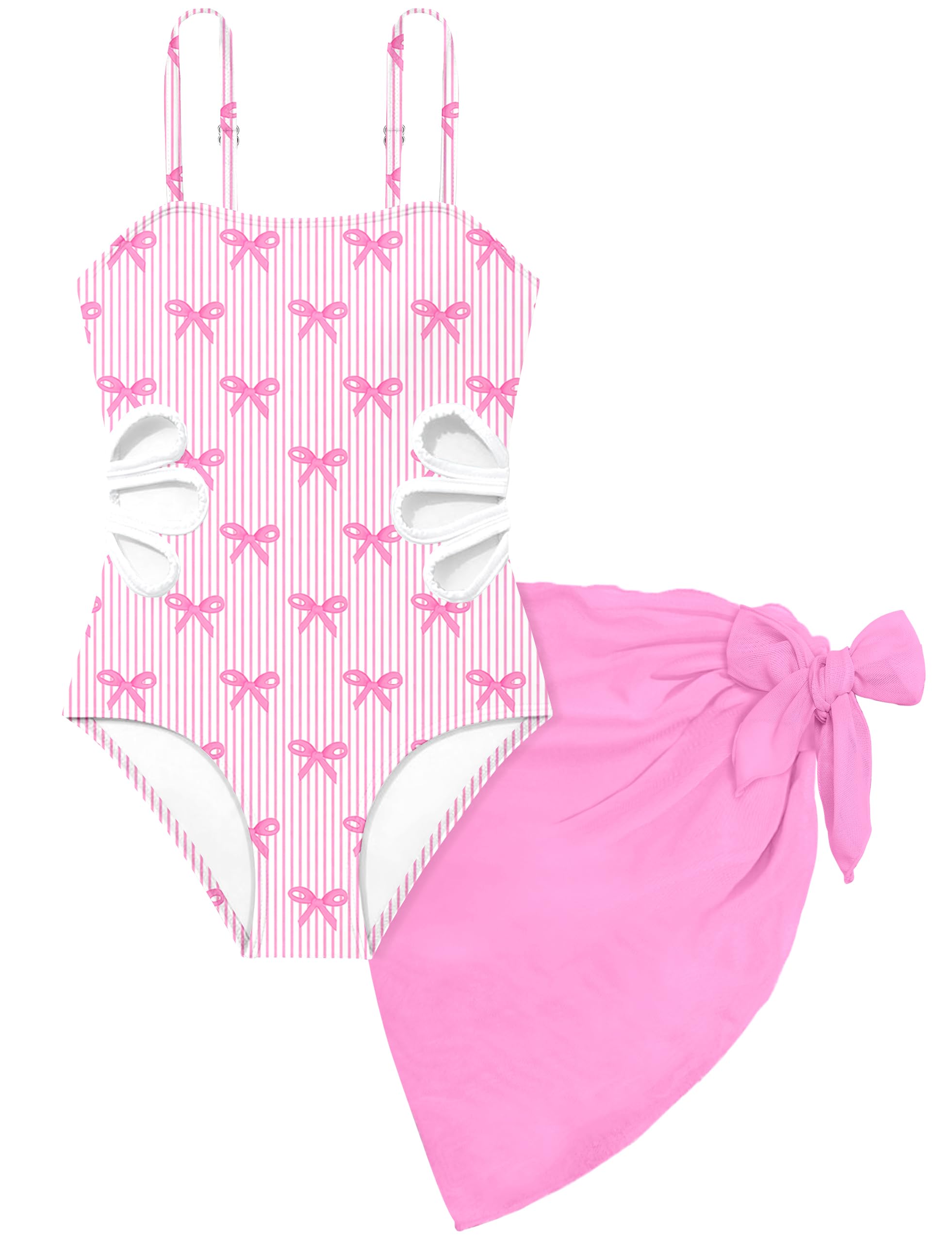 Girls Swimsuit Adjustable Straps Cut Out One Piece Bathing Suit with Solid Color Cover Up Skirt Girls' Swimwear 5-16Y