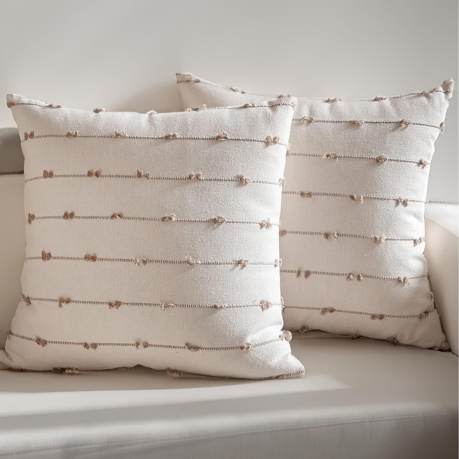 ARLTTH Boho Throw Pillow Covers 18x18 Set of 2 Modern Farmhouse Decorative Linen Square Cushion Case for Sofa, Couch, Bed (18x18, Khaki)