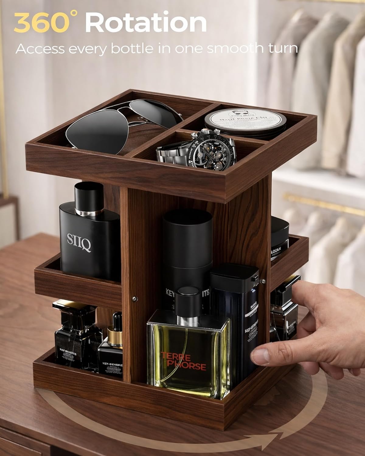 ProCase 3-Tier 360° Rotating Cologne Organizer for men, Large Capacity Wooden Countertop Display Rack for Bathroom & Dresser, Space-Saving Vanity Tray for Perfume & Skincare, Gifts for Him (Brown)