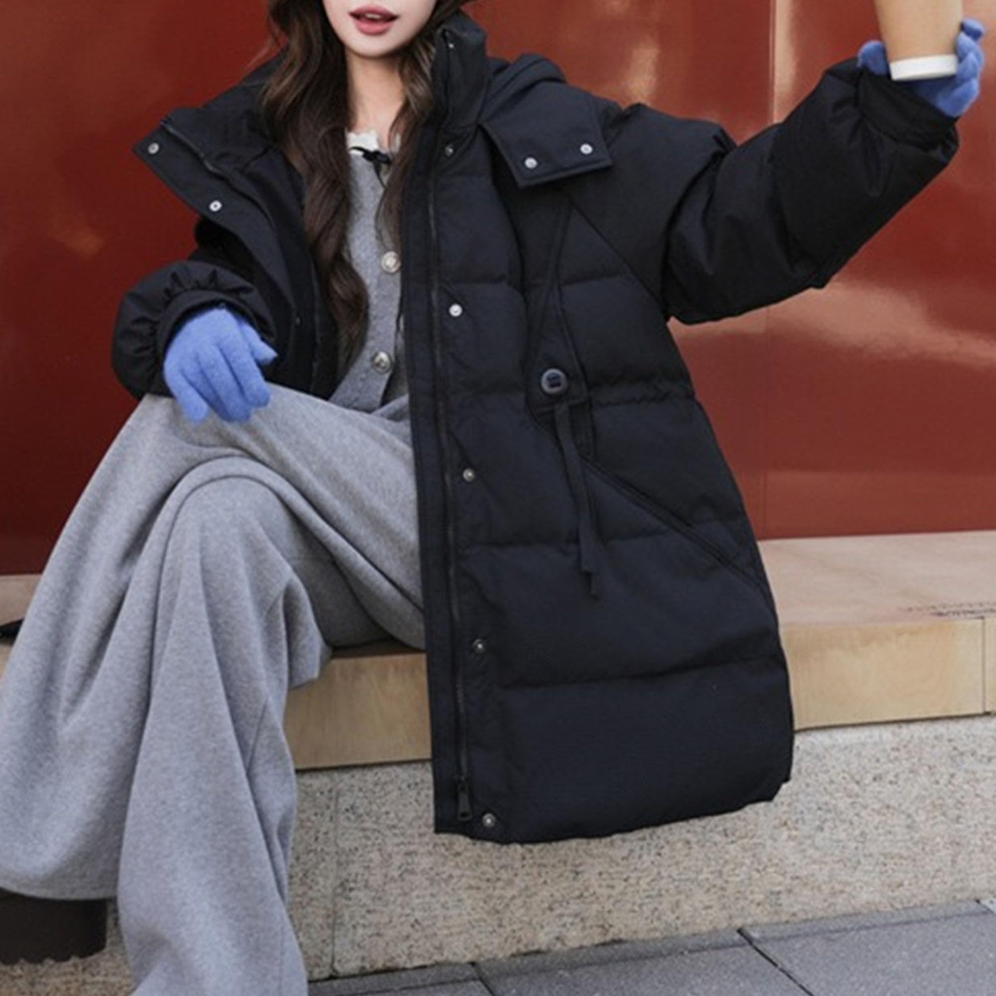 Cappotto invernale da donna regolabile in vita con cappuccio e orlo stretto