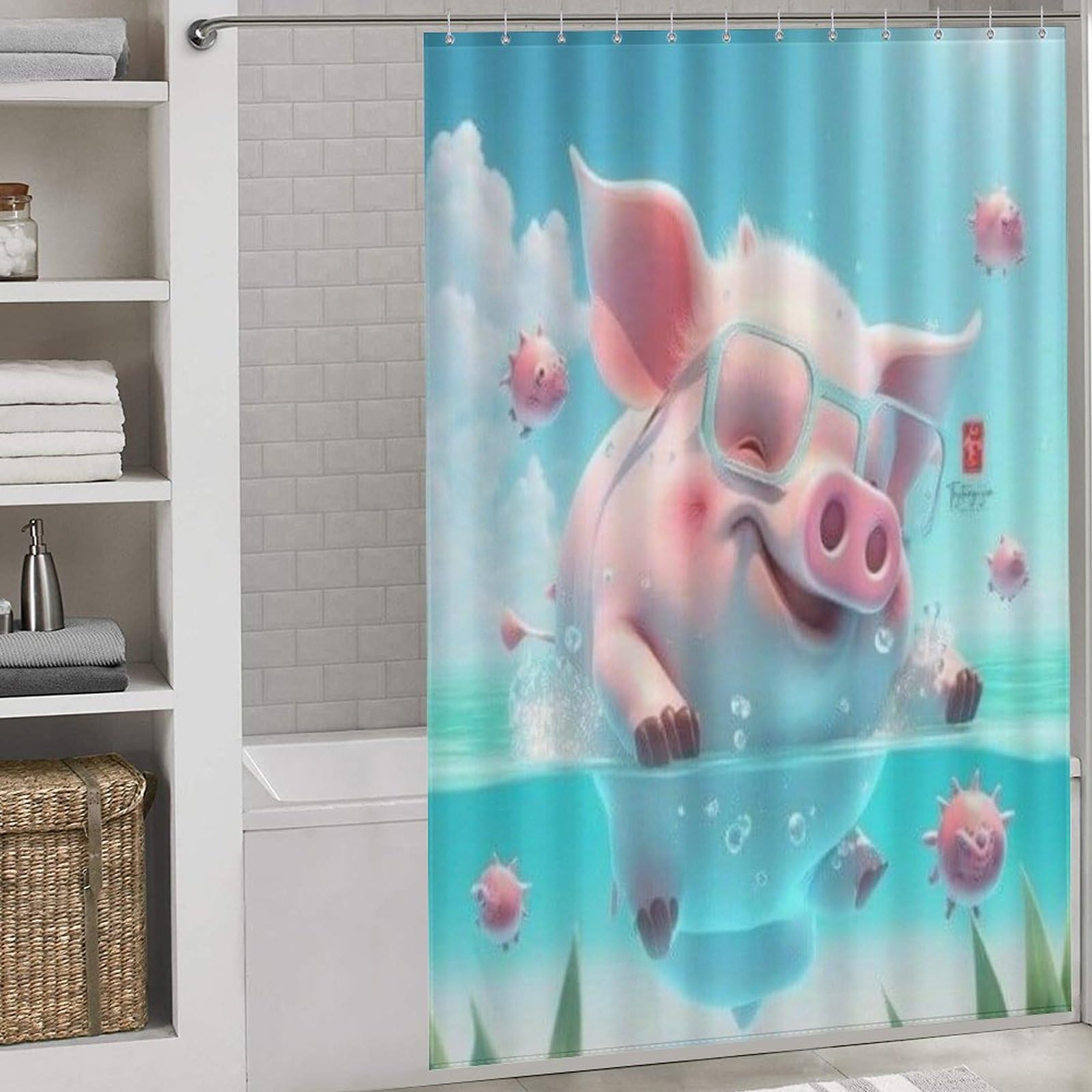 Rideau de douche cochon mignon en polyester imperméable 152x183cm pour la salle de bain