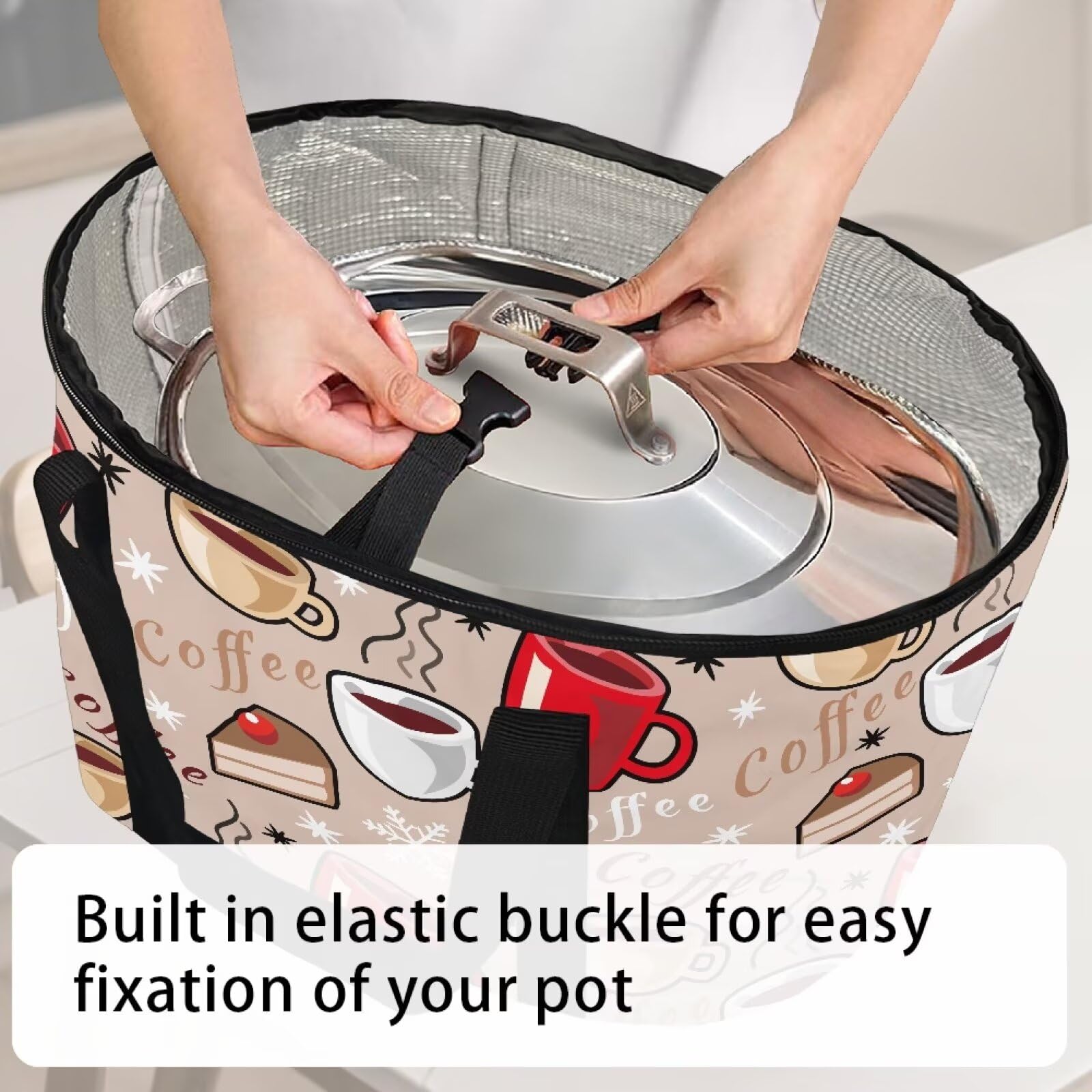 Kathyboom Portable Slow Cooker Bag with Lid Fasten Straps,Coffee Cup Insulated Casserole Carrier Fits for Most 6-8 Quart Oval Slow Cooker