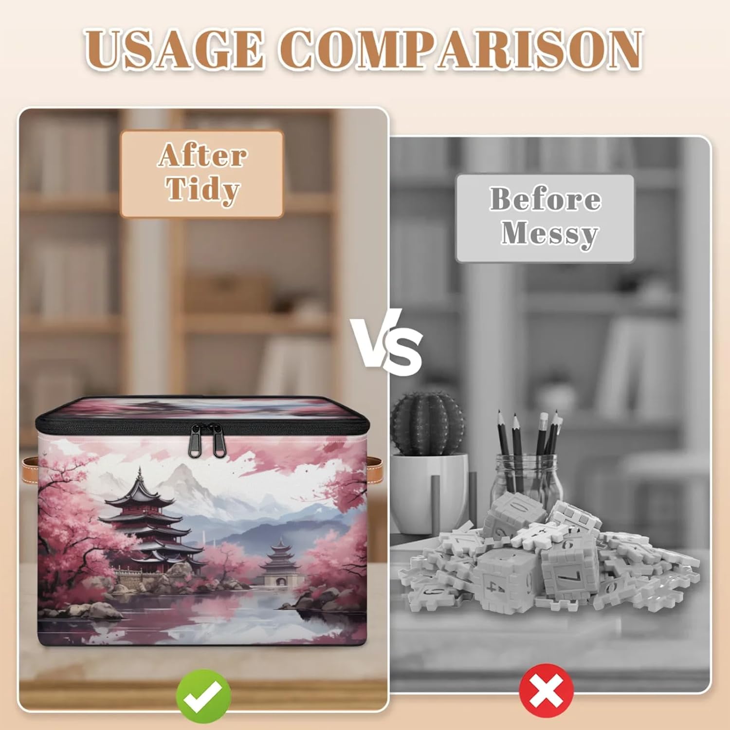 Storage Bin Set of 2 Chinese Style Scenery Storage Basket with Zipper Lid & Handle Foldable Closet Shelf 2 Pack Cloth Organizer Basket Cube Bins Clothes Organizer for Nursery, Bedroom