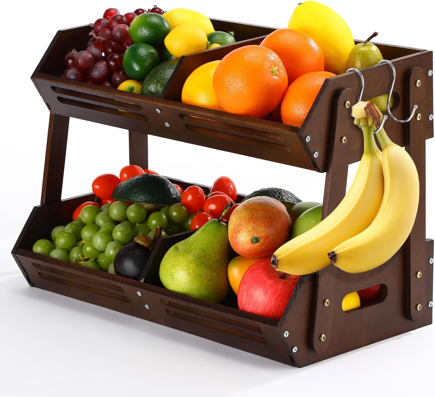 2 Tier Fruit Basket for Kitchen Counter Fruit Storage 16.5 Inch Large Wood Vegetables Basket with 4 Banana Hooks Bowl Stand Holder Snack Organizer Countertop Onion Bread Pantry(Pine Wood)