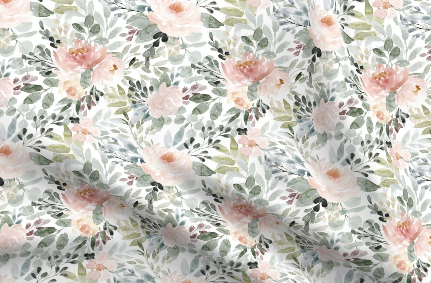 Spoonflower Fabric - Soft Floral Watercolor Roses Sage Green Blush Baby Girl Nursery Printed on Minky Fabric Fat Quarter - Sewing Baby Blankets Quilt Backing Plush