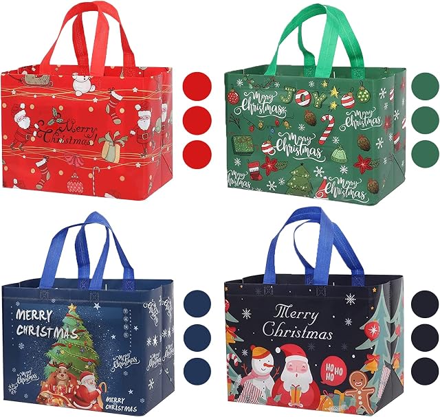 DUGEHO 12 Pack Christmas Large Gift Bags Mix Color Set, Reusable Tote Bag With Handle, Waterproof Christmas Treat Bags for Christmas Gift Wrapping