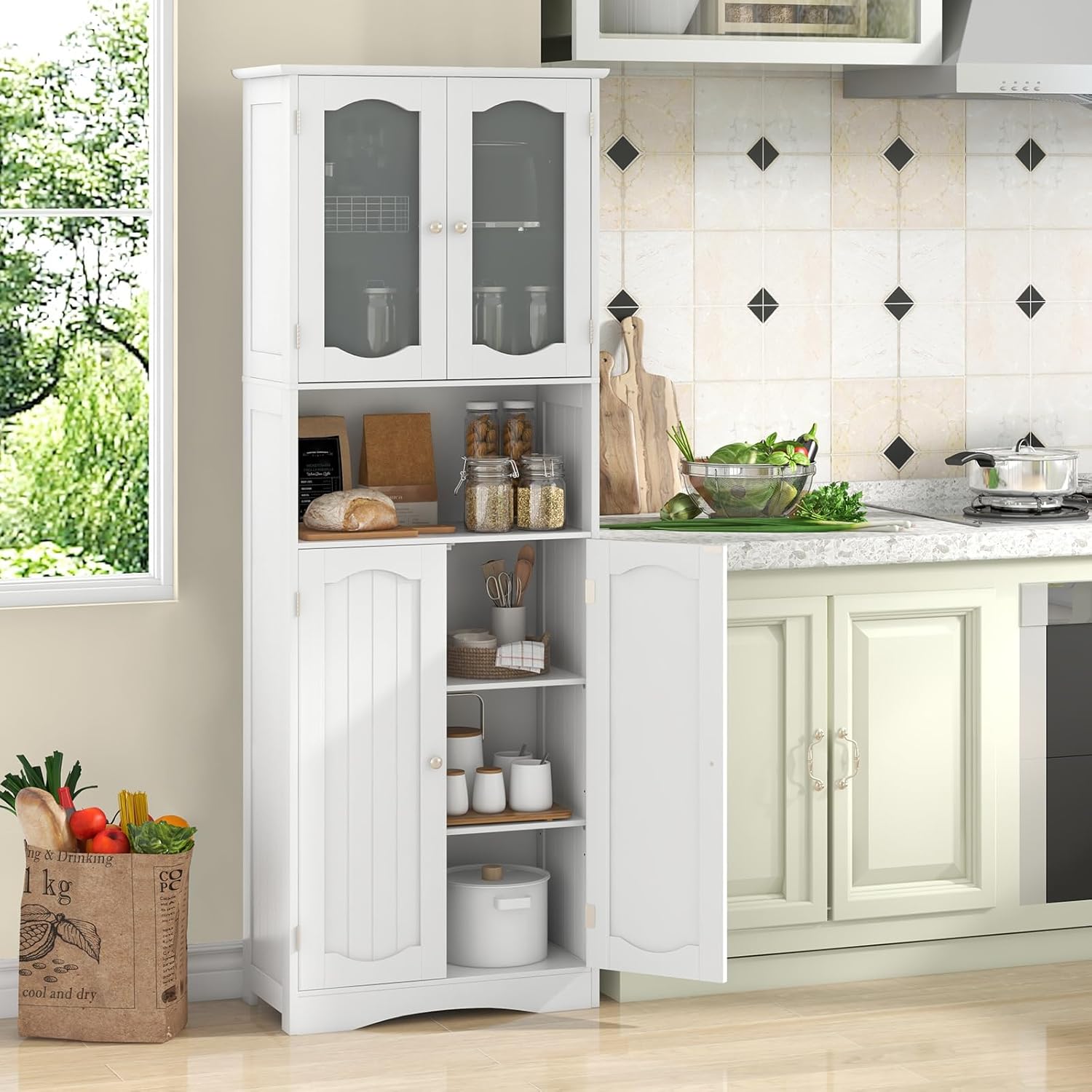 Tangkula 64.5" Tall Bathroom Storage Cabinet, Freestanding Floor Cabinet with Frost Glass Doors and Shelves, Kitchen Pantry for Living Room, Dining Room, Office (White, 64.5" H)