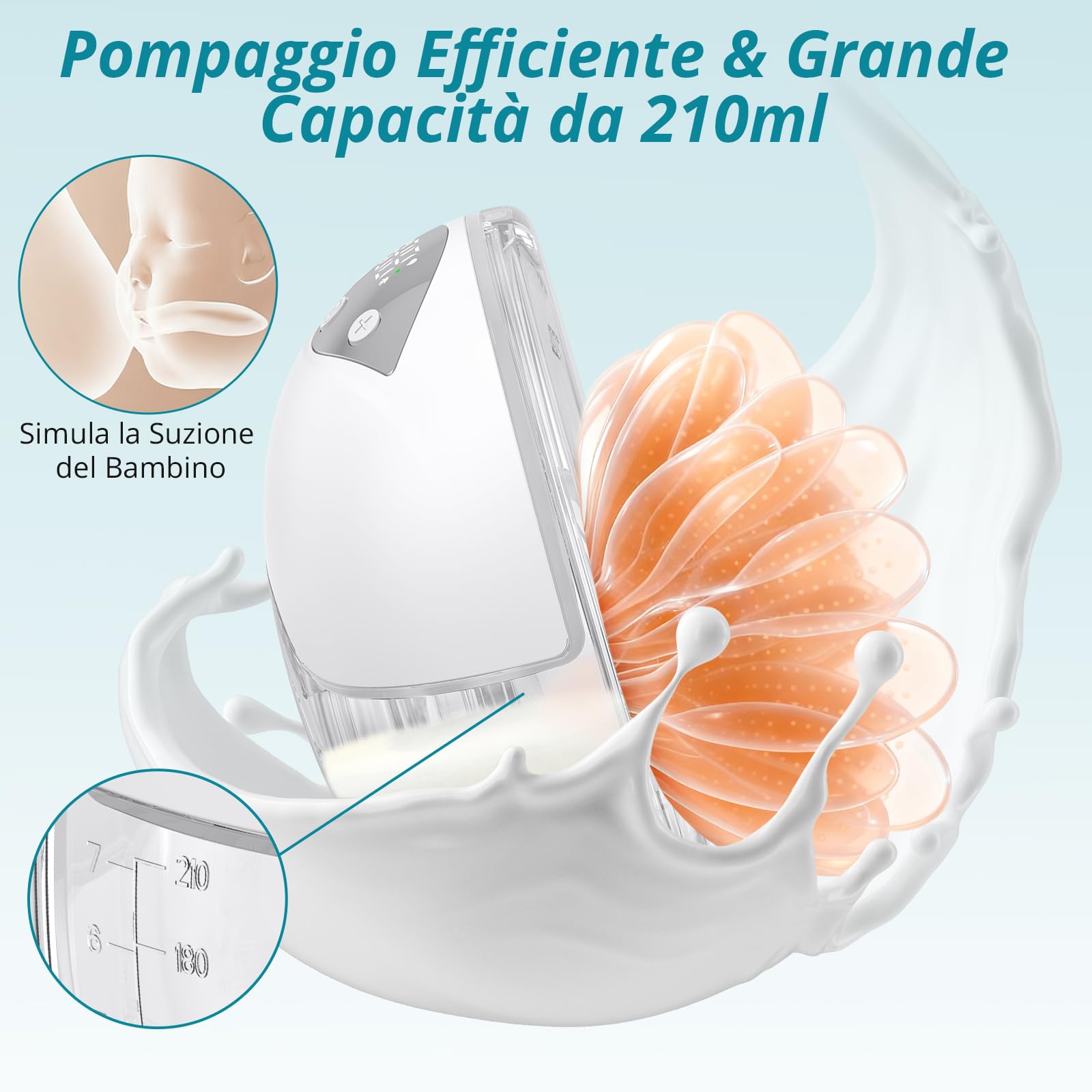 Tiralatte Indossabile Senza Mani, Bianco, 210ml Ultra Silenzioso e Discreto per Ufficio e Viaggi - 4 Modalità, 48 Livelli, 3 Taglie - Batteria da 150 Minuti e Display LED