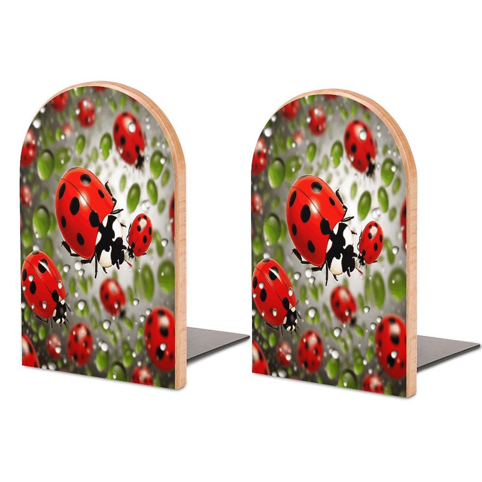 Ladybug Bookends Modern Bookends for Shelves Fashion Heavy Duty Book Stopper Sturdy Non-Skid Metal Base Wood Book Ends for Library Home Office 1 Pair