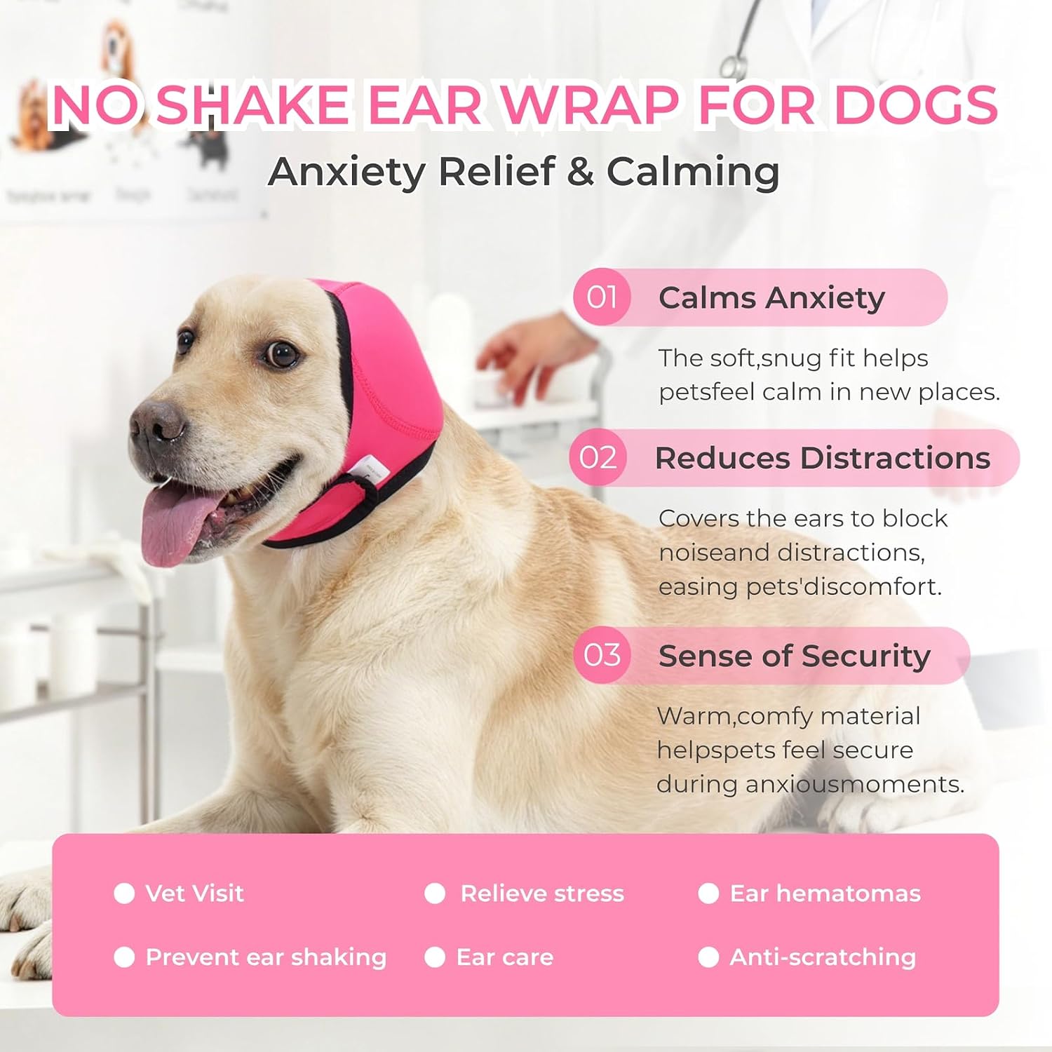 Dog Ear Covers for Bath,Dog Ear Muffs Noise Reduction Anxiety Relief | No Flap Ear Wrap Elastic Calming Hood for Grooming,Shower,Blow Dry,Thunder,Waterproof Ear Protection for Dogs(Pink,L)