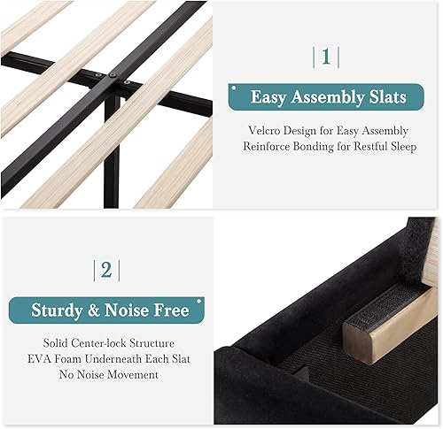 Miniatura 6 de HOOMIC Base de cama de plataforma de tamaño matrimonial, cama tapizada de terciopelo moderno con cabecera capitoné de canal vertical ajustable,