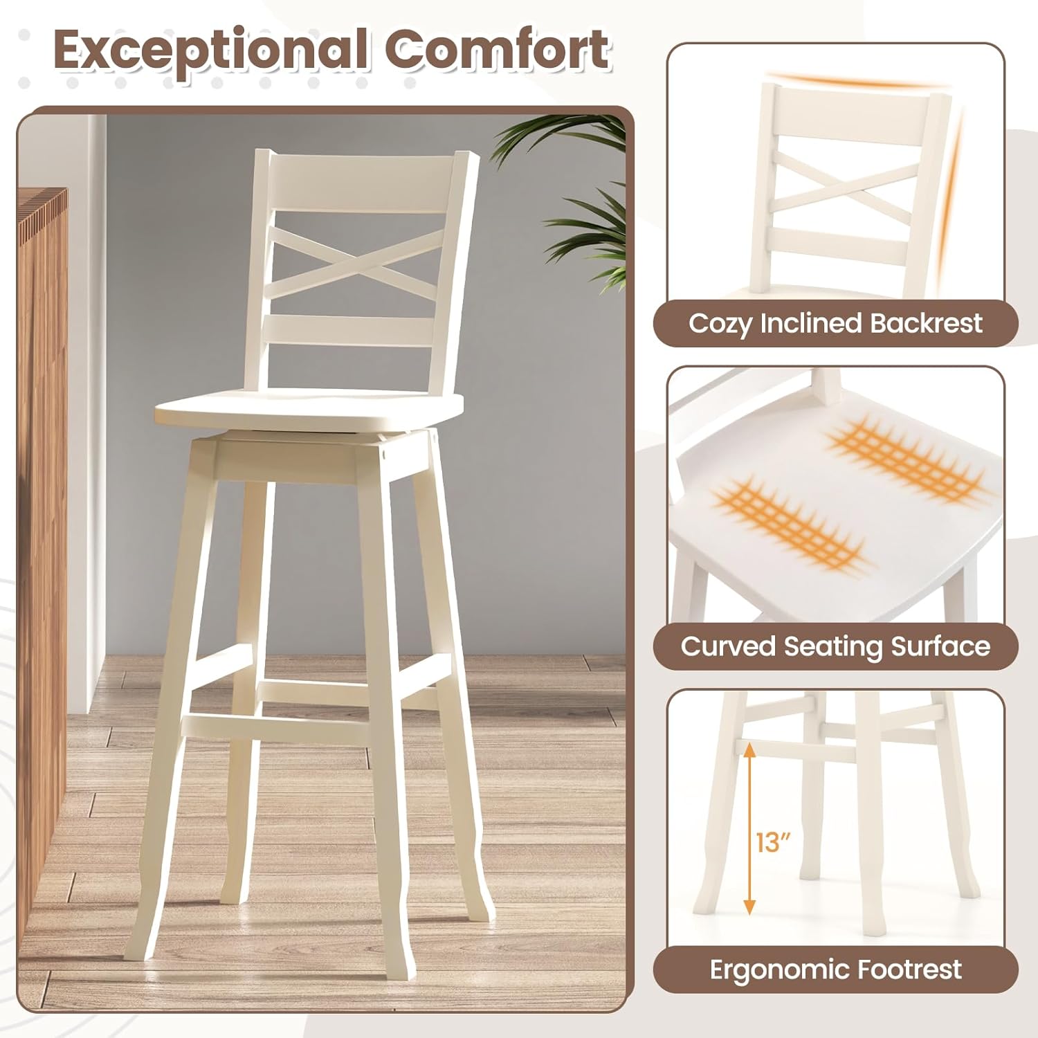 COSTWAY 30-Inch Bar Height Stool Set of 2, Rubber Wood Swivel Bar Stool with Inclined Backrest, Curved Seat & Footrest, Bar Chair for Kitchen Island & Pub (2, Cream)