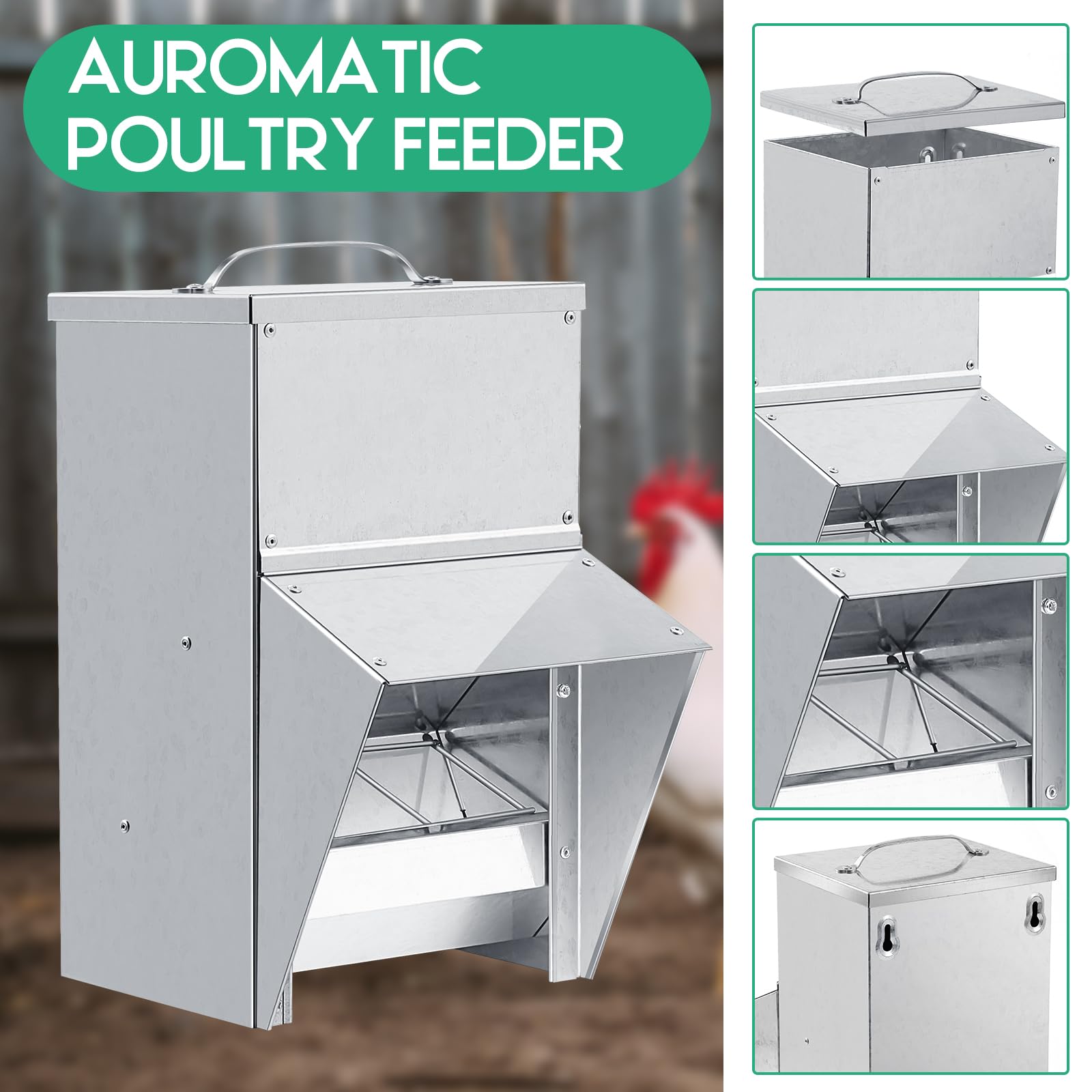 Uiifan 2 comederos galvanizados para pollos resistentes a la intemperie, dispensador de alimentos para aves de corral con tapa, dispensador de alimentos para pollo, alimentador de patos, comedero de