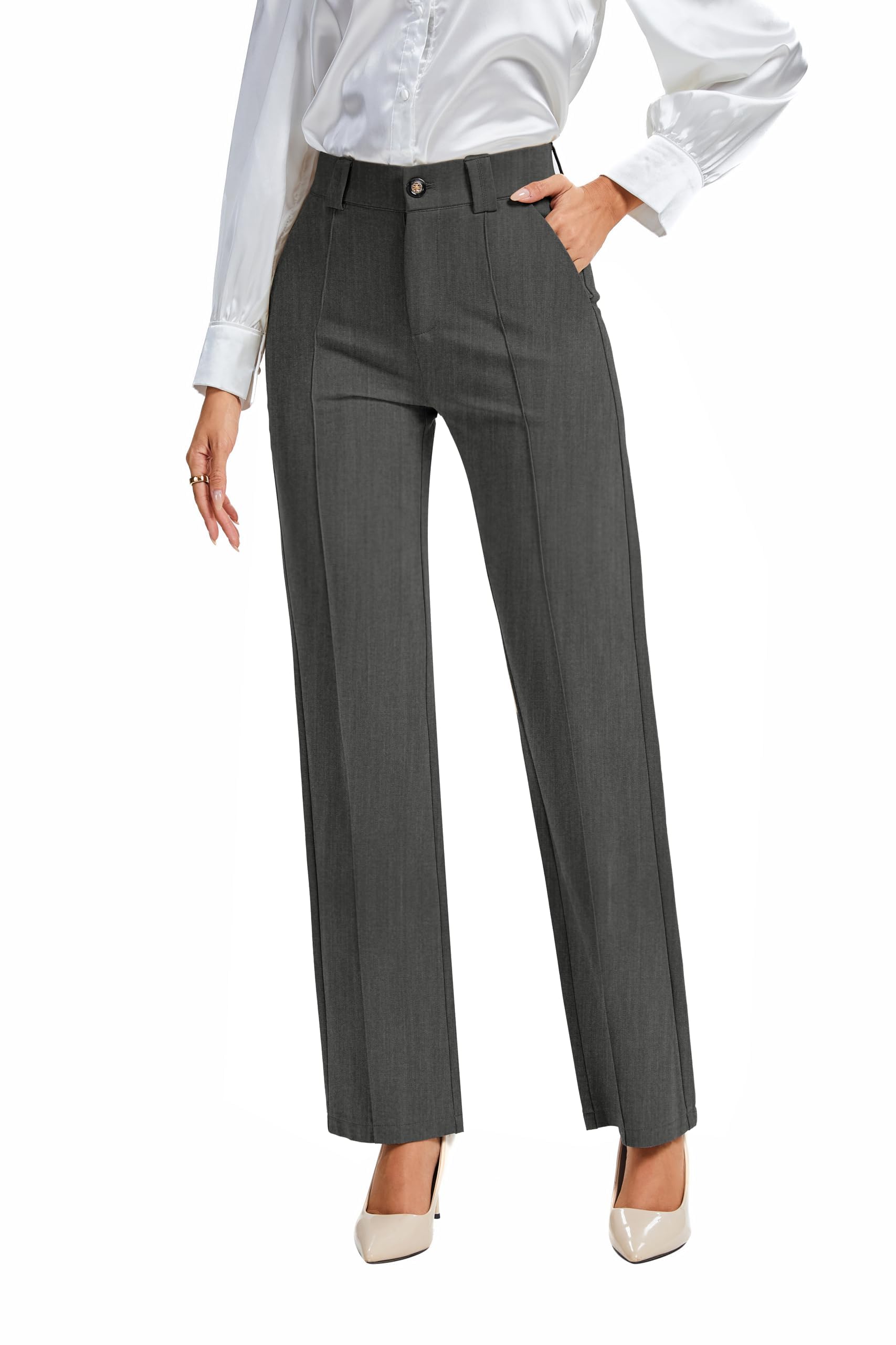 Photo 1 of FUNYYZO Office Dress Pants for Women Stretch High Waisted Casual Business Long Trousers with Deep Pockets Dark Gray