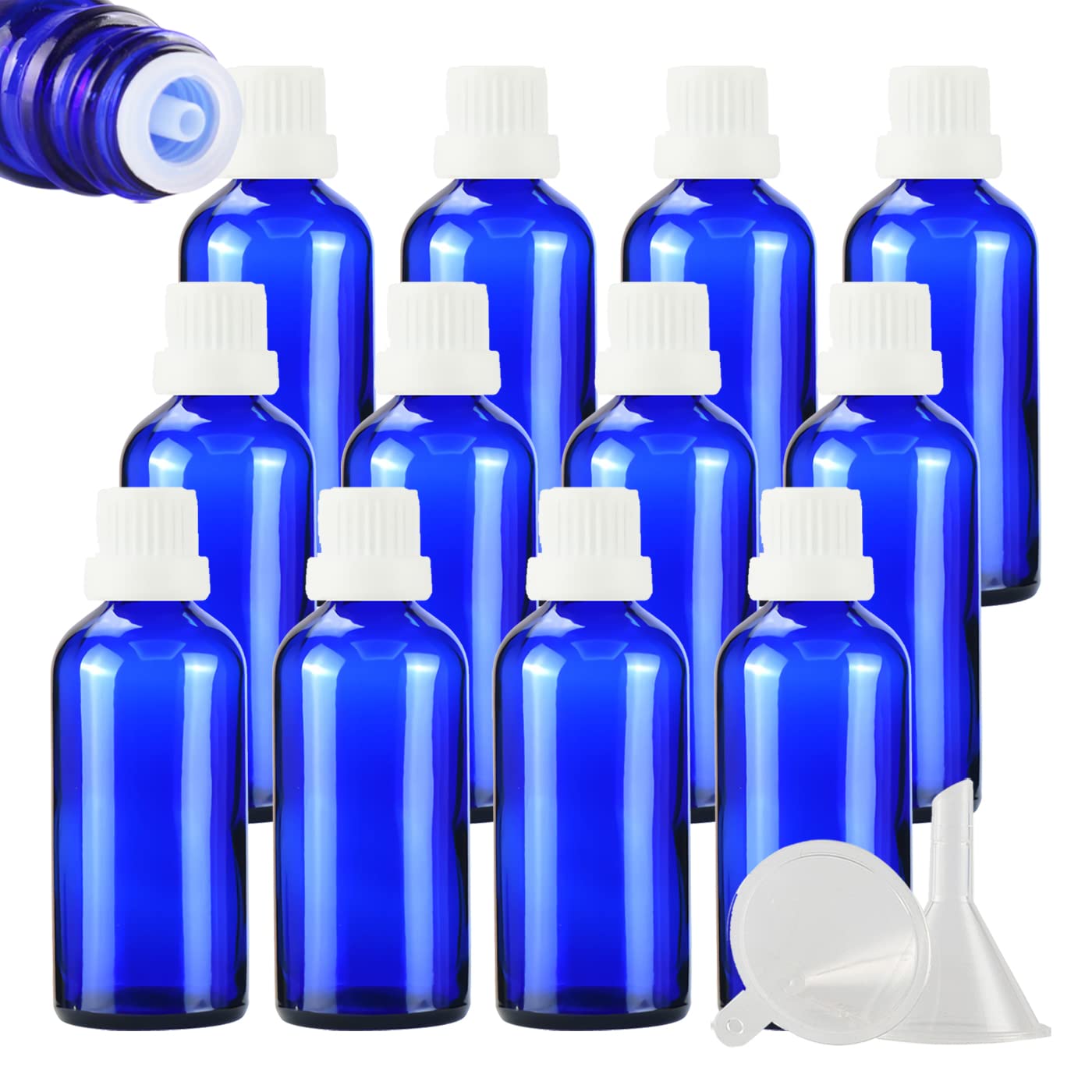12 Piezas 100ml Botella de Cristal Azul con Tapón Cuentagotas Blanco con Obturador, Frasco de Vidrio con Tapón a Rosca a Prueba de Manipulaciones para Cosmético, Aromaterapia, Viajes