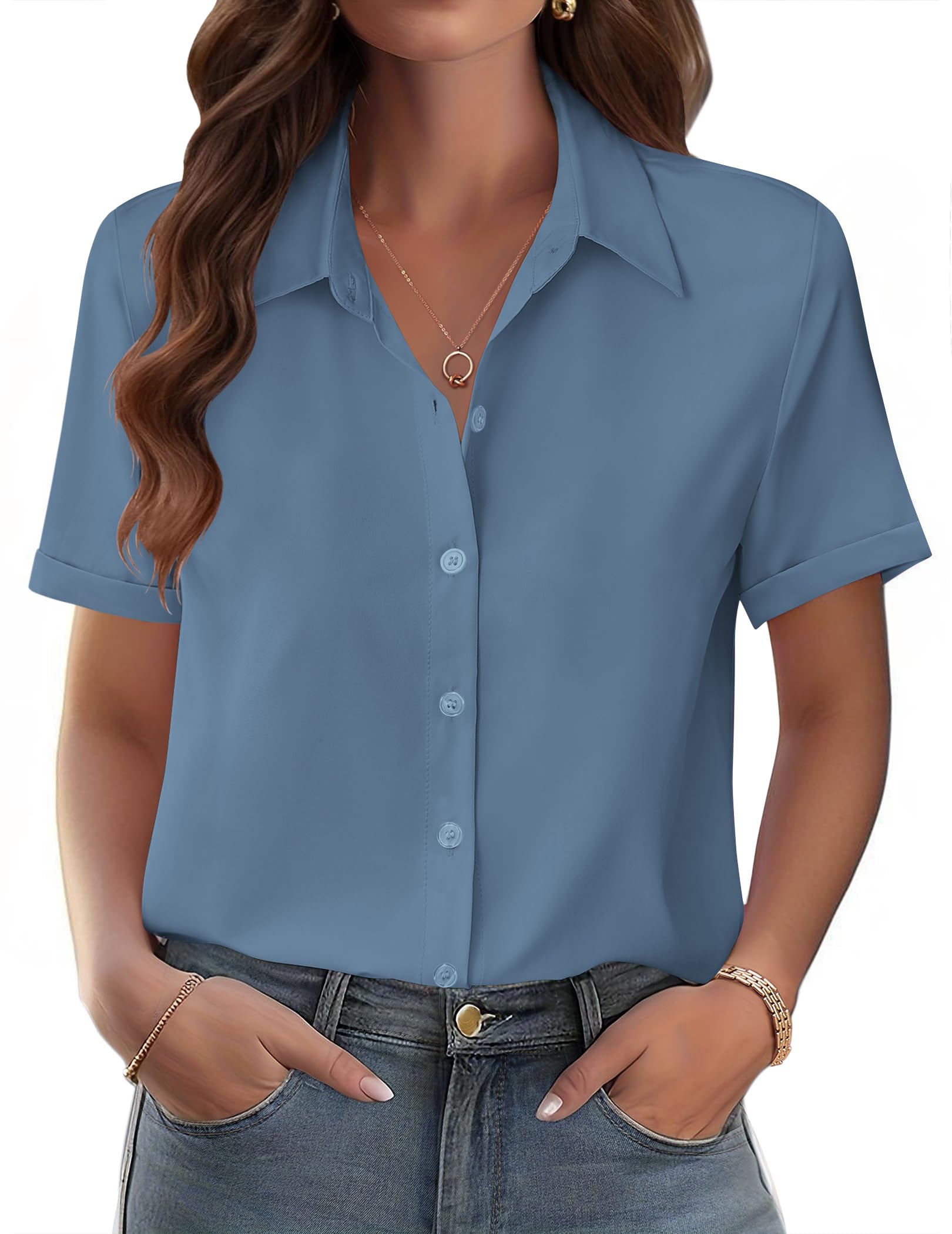 Zeagoo Womens Button Down Blouse Rolled Cuffed Short Sleeve Shirts Casual Work Blouse Summer Hawaiian Outfits