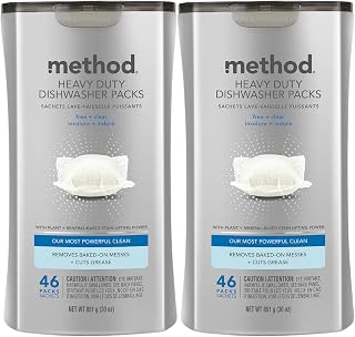 Method Dishwasher Detergent Packs, Heavy Duty, Fragrance Free + Clear, Dishwashing Rinse Aid to Lift Tough Grease and Stains, 46 Dishwasher Tabs per Package, (Pack of 2)