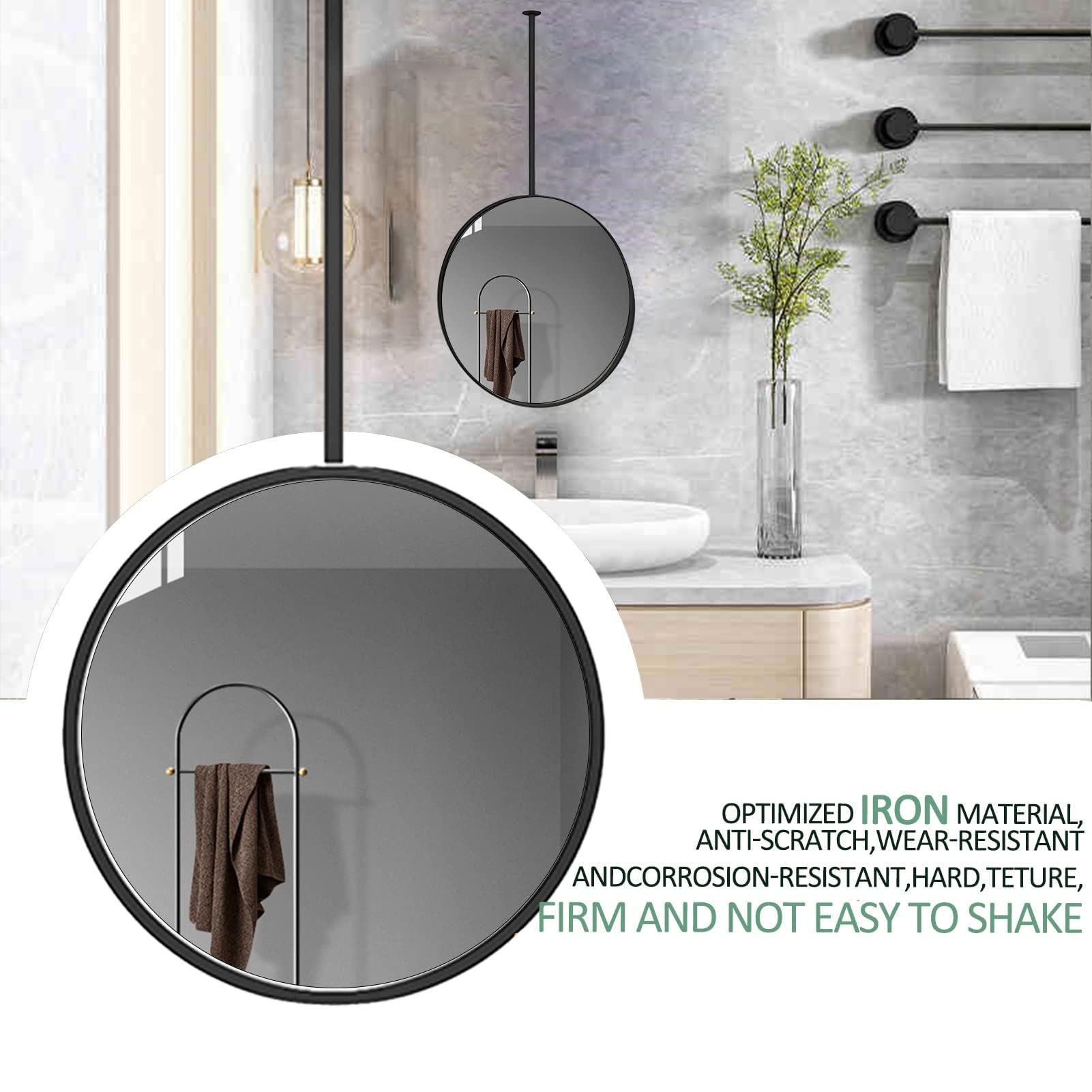 Specchio decorativo da appendere a soffitto, specchio da trucco trasparente e pratico con cornice in metallo nero, specchio galleggiante per bagno per casa hotel (dimensioni: diametro: 60