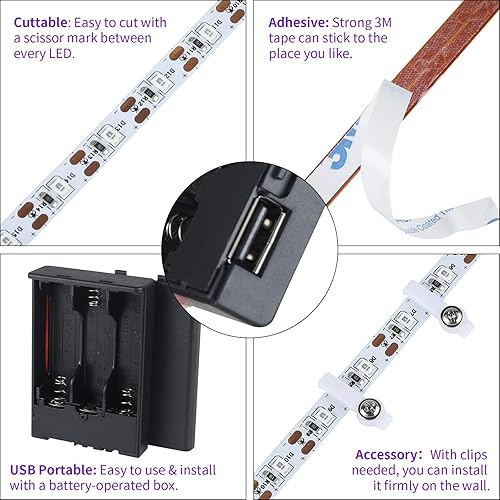 Miniatura 8 de Tira de luz negra de 16.4 pies con enchufe USB + caja de batería, accesorio de luz negra adhesiva de 300 LED, funciona con batería y USB para fiesta