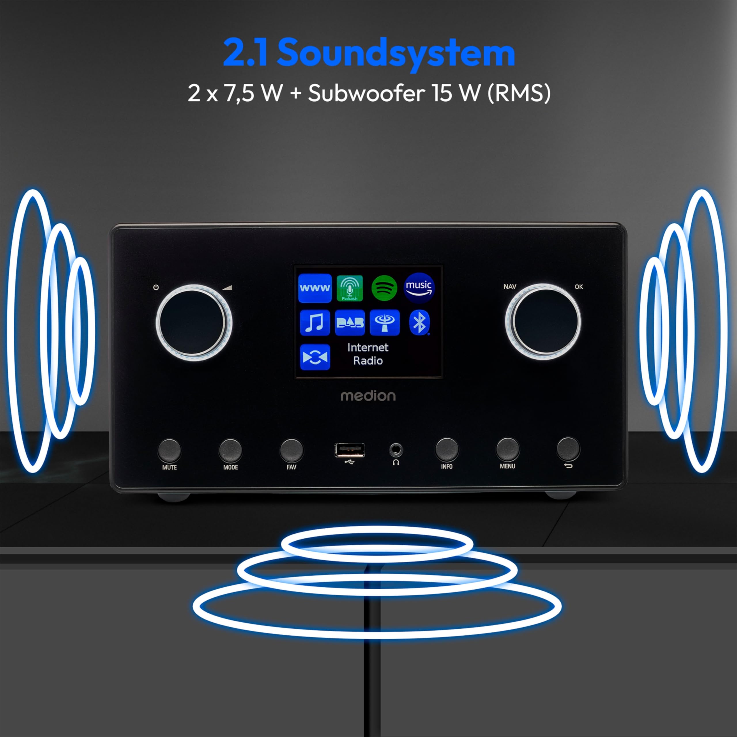 MEDION P85444 2.1 Internetradio mit Subwoofer (DAB+, UKW Radio, Spotify Connect, WLAN, Bluetooth, Streaming, Equalizer, Farbdisplay, USB, AUX, Wecker, Schlummerfunktion, Sleep Timer) schwarz