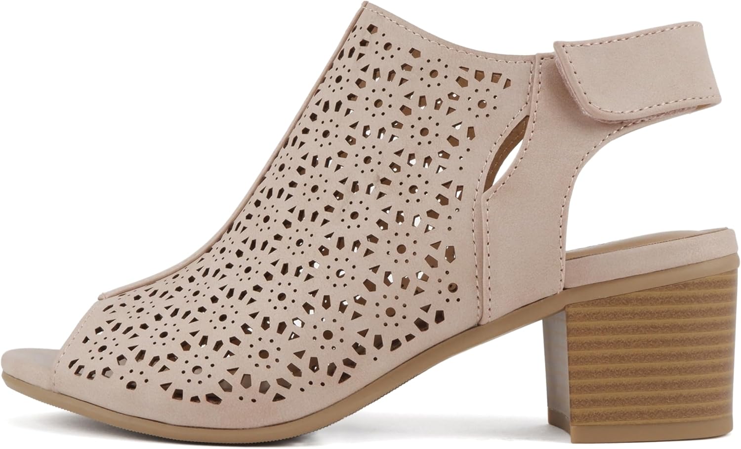 CITYCLASSIFIED Elect ~ Womens Peep Toe Laser Cut Geometric Caged Slingback Ankle Strap Low Stacked Heel Ankle Bootie