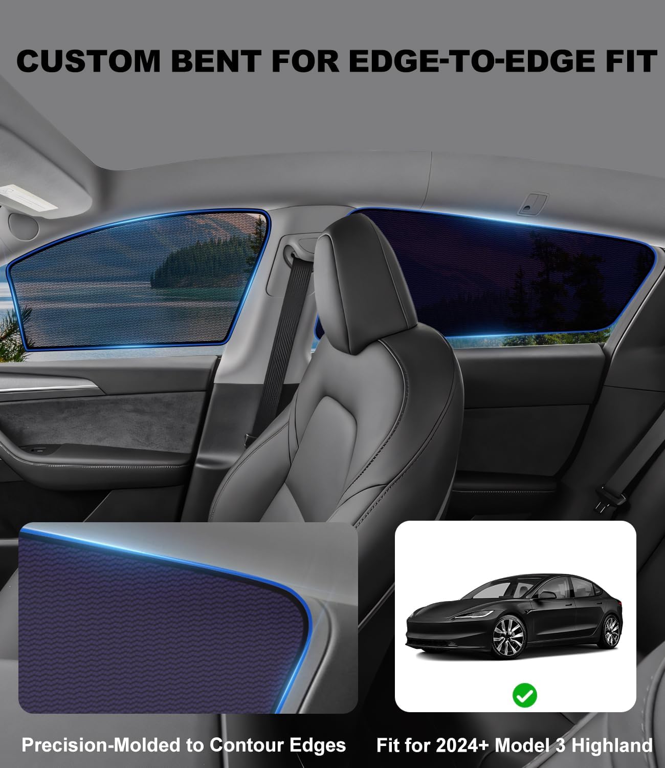 XCBYT Car Window Shades for Tesla Model 3 Highland 2024-2026, Static Cling Privacy Rear Side Window Covers, Clear Front Half Window Shades, Easy Install, No Residue (4 PCS)